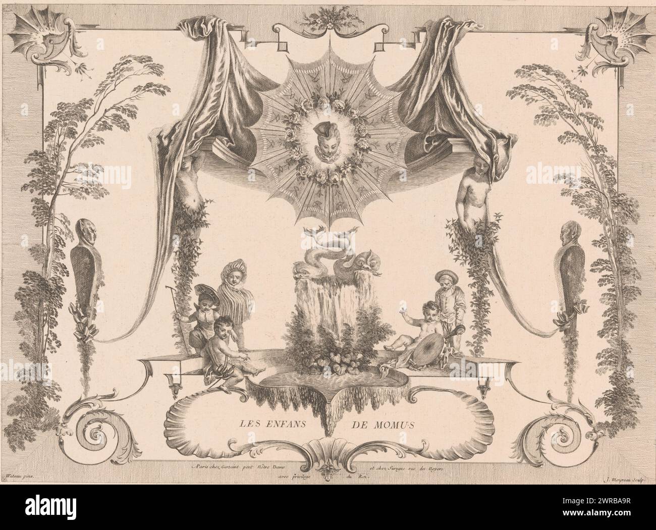 Design for paneling with children at a fountain, Les Enfans de Momus (title on object), Oeuvre of Antoine Watteau (series title), L'oeuvre d'Antoine Watteau, peintre du roy en son Academie roïale de peinture et sculpture (.. .) (series title), Numbered bottom right: 2., print maker: Jean Moyreau, after painting by: Jean Antoine Watteau, publisher: Edme François Gersaint, publisher: Paris, publisher: Paris, France, 1726 - 1735, paper, etching, engraving, height 371 mm × width 503 mm, print Stock Photo