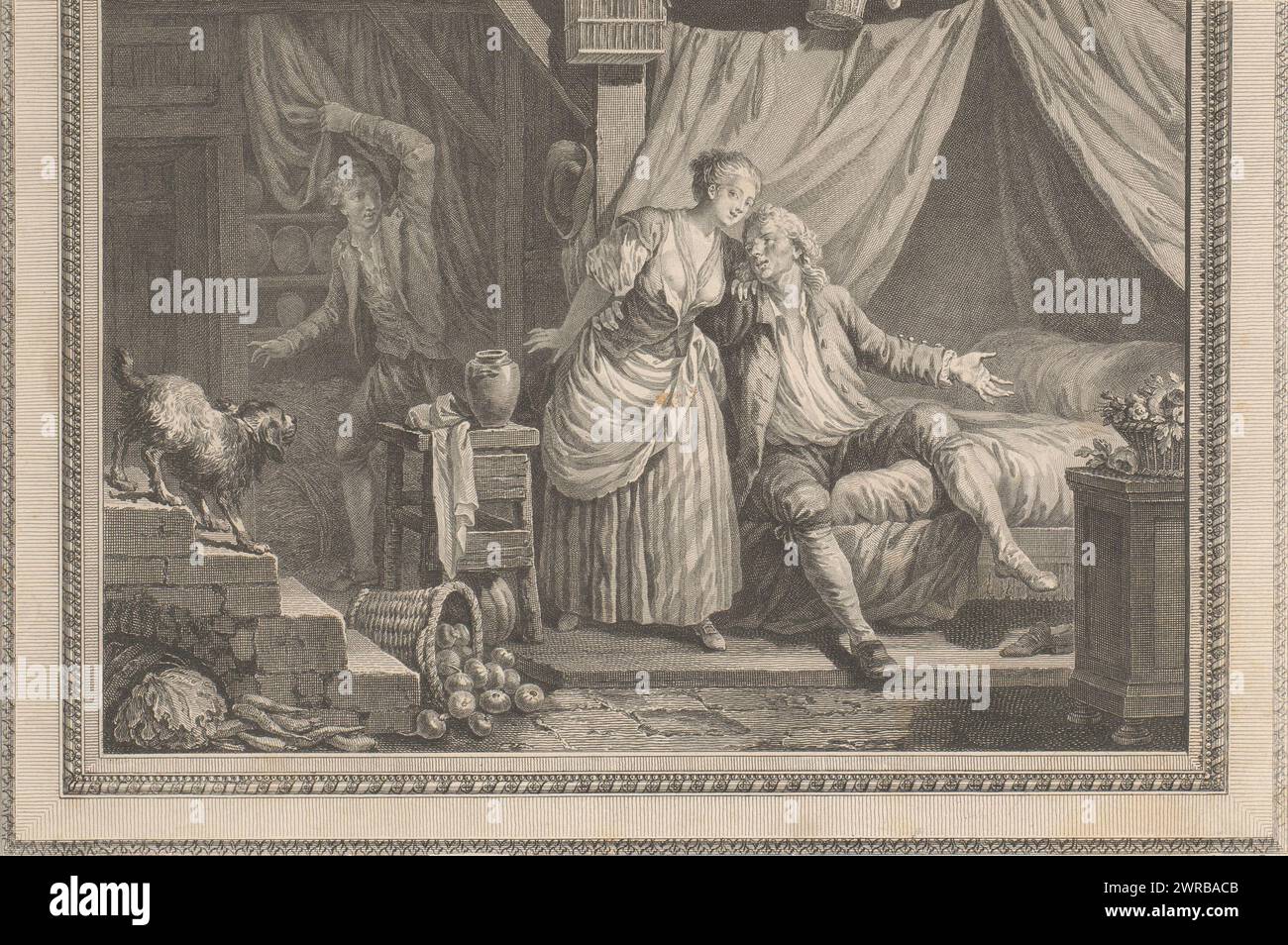 Bedroom with couple and secretly departing lover, Le Mari dupe et content, print maker: Charles Emmanuel Patas, after design by: Jean Jacques François Le Barbier, publisher: Nicolas Ponce, 1763 - 1817, paper, etching, engraving, height 206 mm × width 305 mm, print Stock Photo