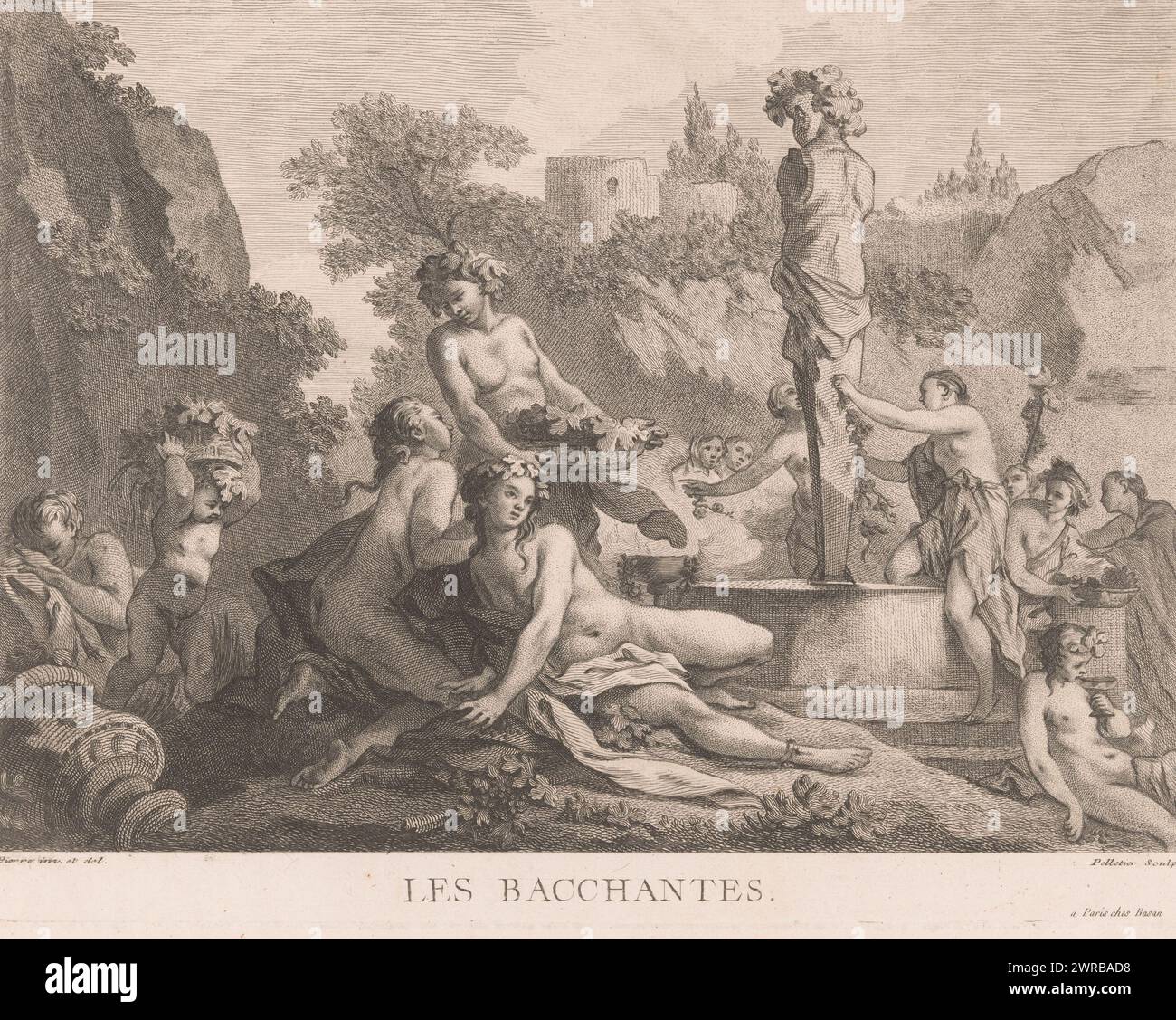 Bacchae, print maker: Jean Pelletier, after drawing by: Jean Baptiste Marie Pierre, publisher: Pierre François Basan, Paris, 1746 - 1780, paper, etching, engraving, height 261 mm × width 338 mm, print Stock Photo