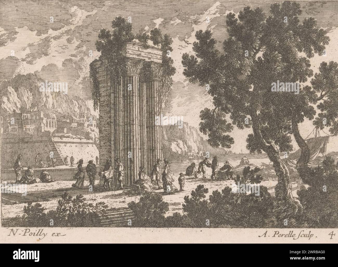 Harbor view with figures near antique pillars, Coastal landscapes (series title), numbered bottom right: 4., print maker: Adam Perelle, publisher: Nicolas de Poilly (I), Paris, 1650 - 1695, paper, etching, height 115 mm × width 160 mm, print Stock Photo