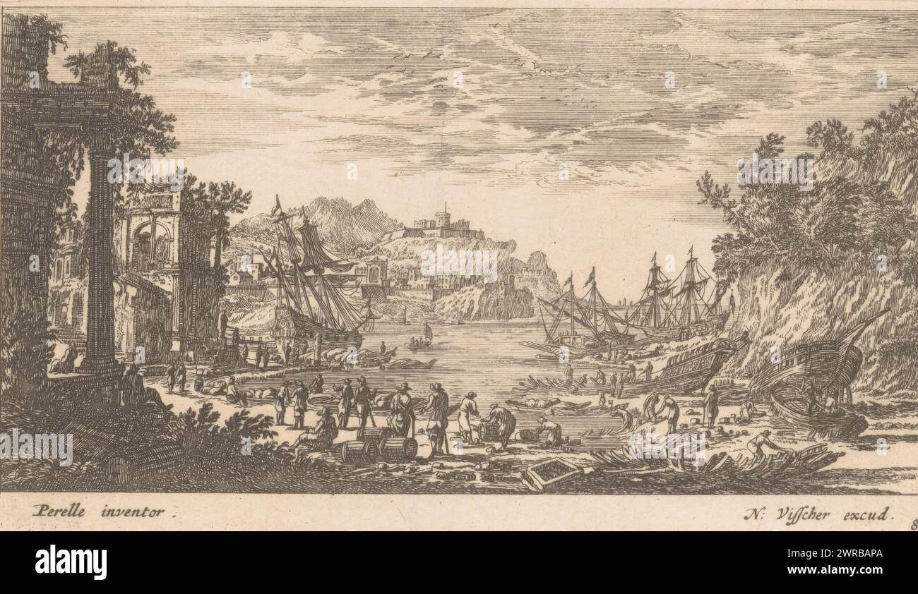 Harbor view, Various sea ports (series title), Verscheyde Sea Ports (series title), Numbered bottom right: 8., print maker: Nicolas Perelle, print maker: Adam Perelle, print maker: Gabriel Perelle, Amsterdam, 1628 - 1679, paper, etching, height 99 mm × width 175 mm, print Stock Photo