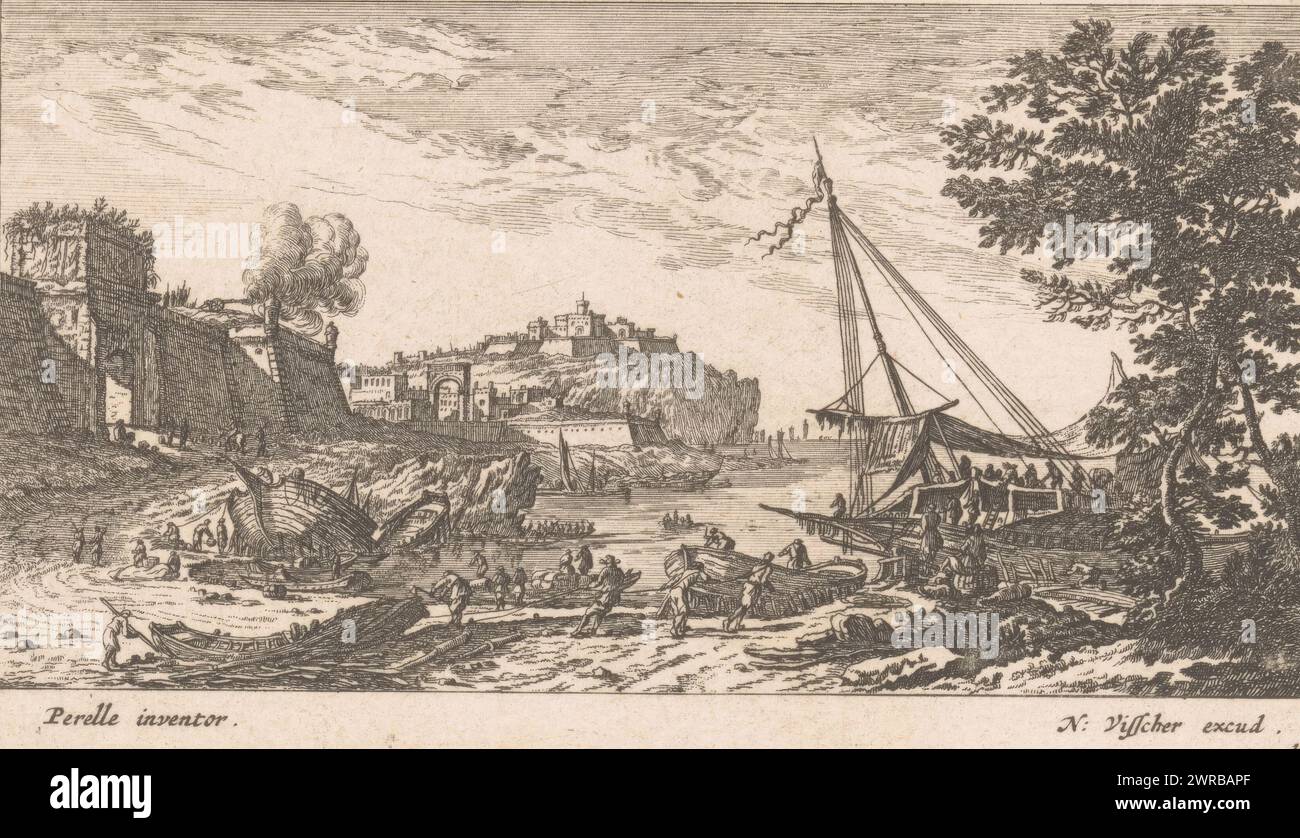 Harbor view, Various sea ports (series title), Verscheyde Sea Ports (series title), Numbered bottom right: 10., print maker: Adam Perelle, print maker: Gabriel Perelle, after print by: Nicolas Perelle, Amsterdam, 1628 - 1679, paper, etching, height 100 mm × width 175 mm, print Stock Photo