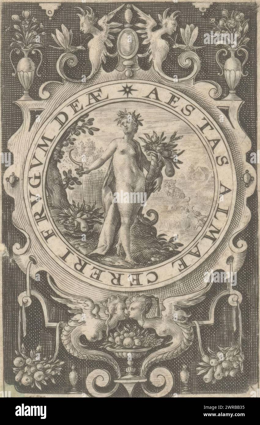 Summer, The four seasons (series title), Landscape with Ceres as the personification of Summer. In her hands she holds a horn of plenty and a sickle. In the background a wheat field is being harvested. The scene is set in an ornamental frame decorated with flowers and fruit., print maker: Crispijn van de Passe (I), unknown, 1574 - 1637, paper, engraving, height 84 mm × width 56 mm, print Stock Photo