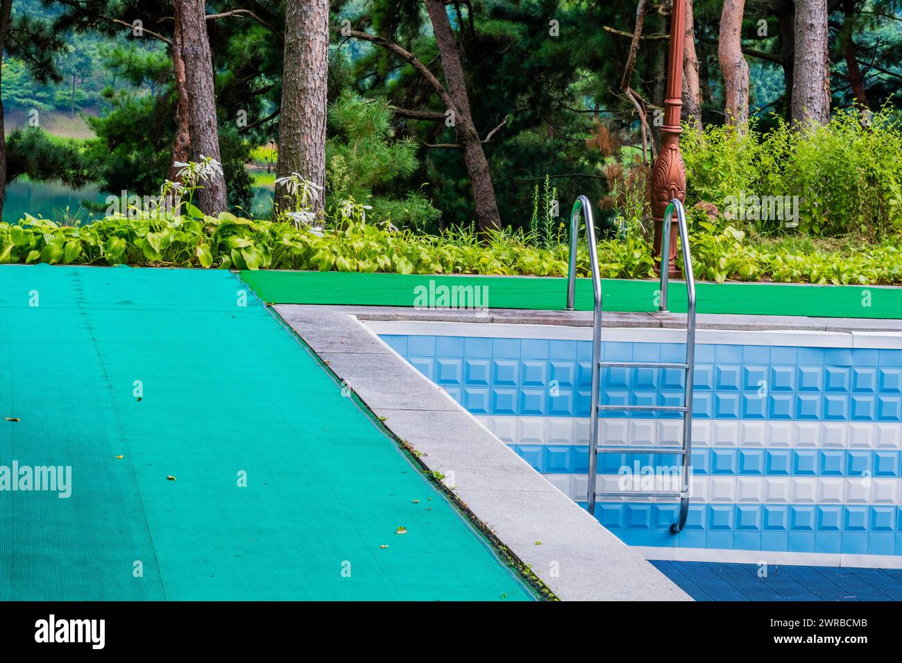 Outdoor swimming pool with a ladder, surrounded by a green mat and blue tiles, in South Korea