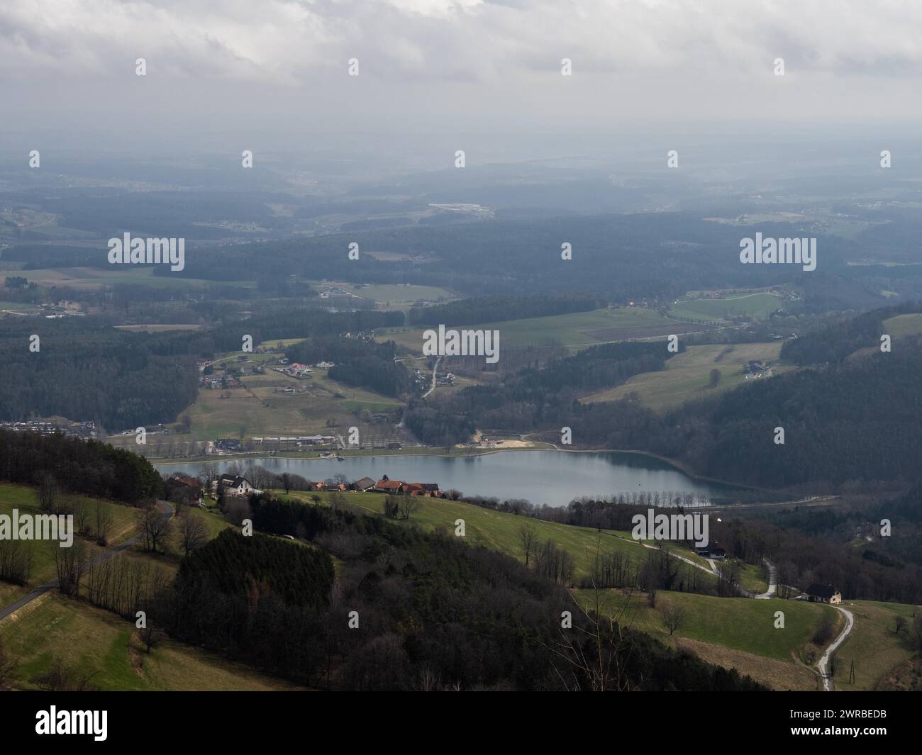 View of the Stubenbergsee lake and the East Styrian hills, Berg Kulm