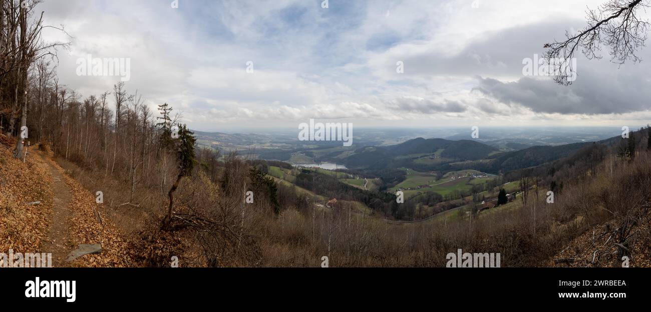 View of the Stubenbergsee and the eastern Styrian hills, panoramic view