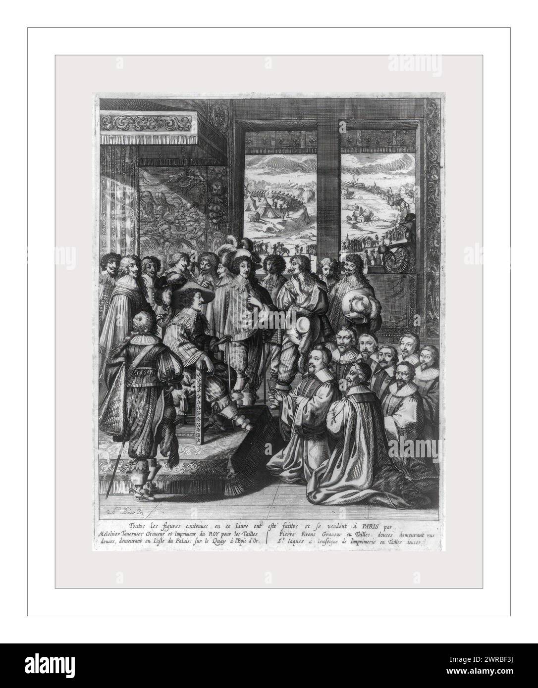 The king giving the accolade, A. Bosse in., Print shows the Louis XIII sitting on the throne with eight men kneeling before him; scene through windows shows fortifications with cannons, bell tents, and soldiers in formation., Bosse, Abraham, 1602-1676, artist, 1633?, Louis, XIII, King of France, 1601-1643, Engravings, 1630-1640., Engravings, 1630-1640, 1 print: engraving, 31.4 x 24.1 cm (sheet Stock Photo