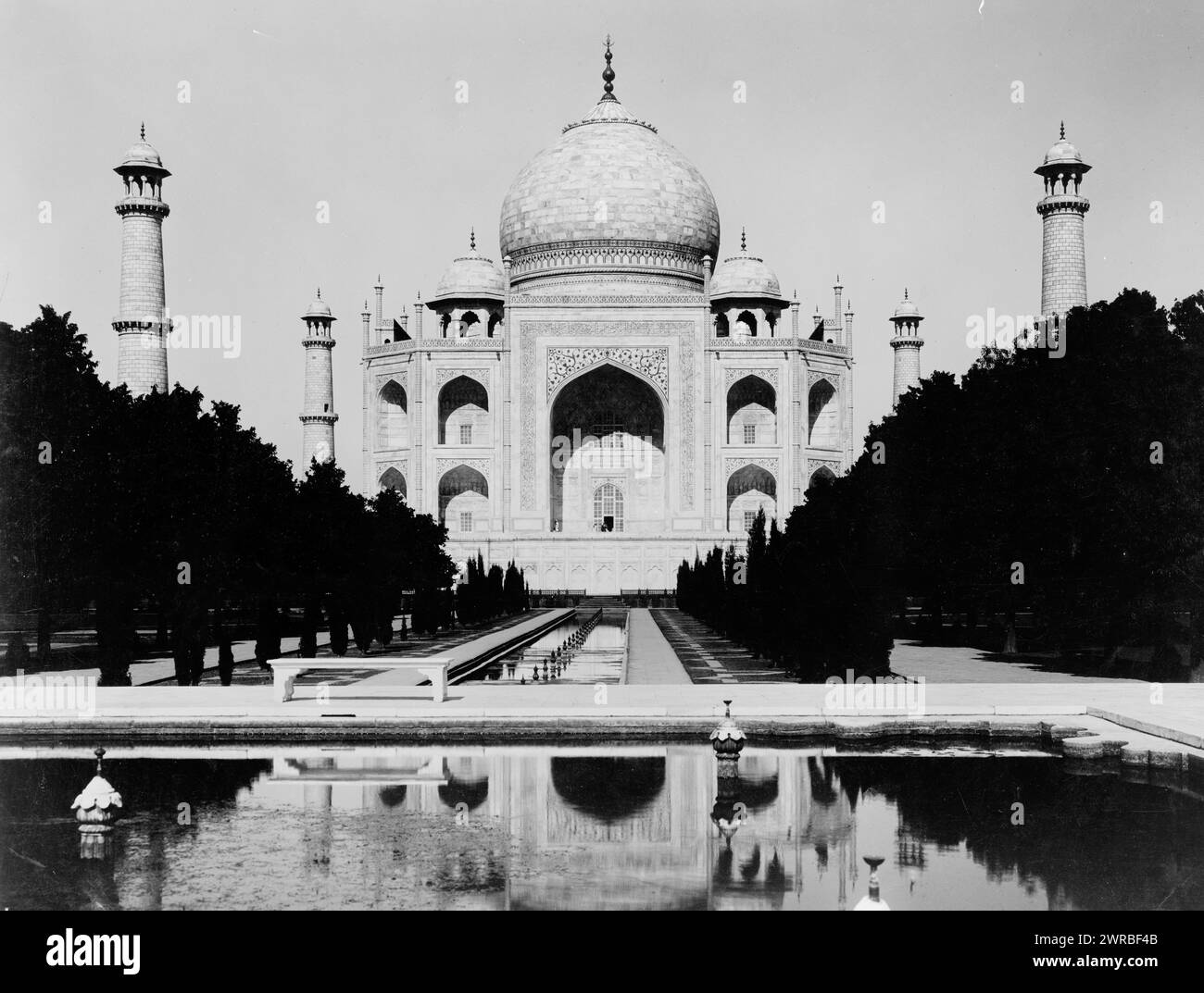 Taj Mahal, Photo shows an exterior view of the Taj Mahal from beyond reflecting pools., Carpenter, Frank G. (Frank George), 1855-1924, collector, ca. 1920, Taj Mahal (Agra, India), Photographic prints, 1920., Photographic prints, 1920, 1 photographic print Stock Photo