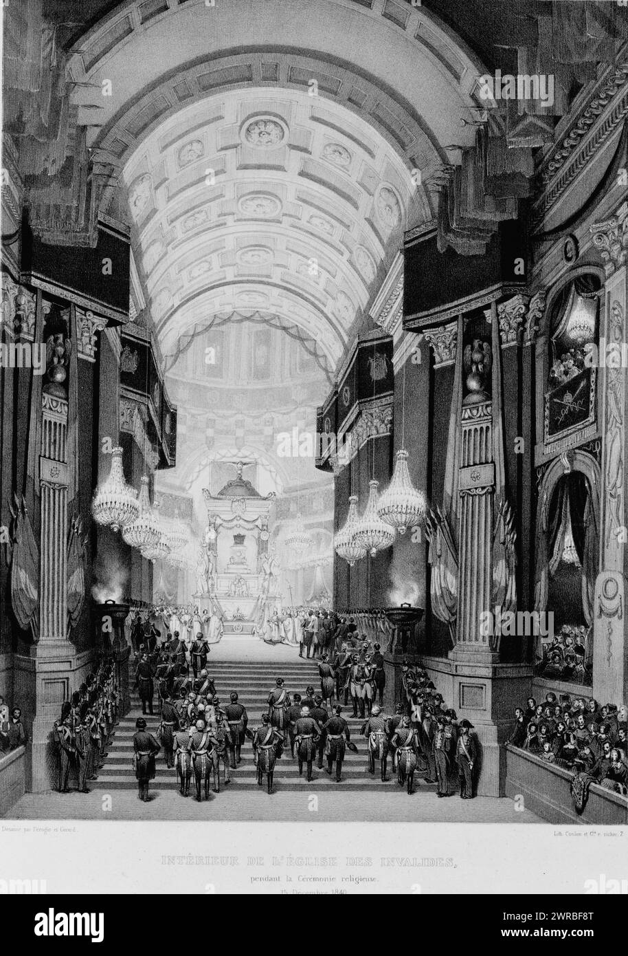 Funérailles de l'Empereur Napoléon. Intérier de l'église des Invalides pendant la Cérémonie religieuse, 15 Décembre 1840, Dessiné par Férogio et Girard, Lith. Coulon., Interior of the Church of Invalides, service in progress., Ferogio, Francois Fortuné Antoine, 1805-1888, artist, Paris: Publié par Victor Delarue editeur, between 1840 and 1888, Napoleon, I, Emperor of the French, 1769-1821, Death & burial, Lithographs, 1840-1890., Lithographs, 1840-1890, 1 print: lithograph Stock Photo