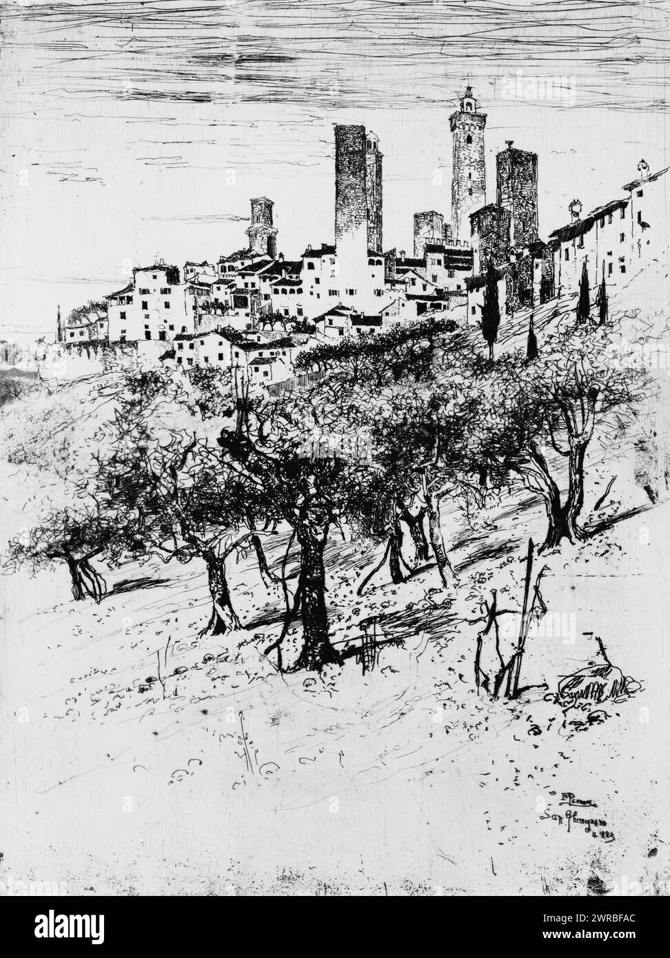 San Gimignano, Jo Pennell., Hill with trees and city in background., Pennell, Joseph, 1857-1926, artist, 1883., San Gimignano (Italy), 1880-1890, Cityscape prints, 1880-1890., Cityscape prints, 1880-1890, Etchings, 1880-1890, 1 print: etching Stock Photo