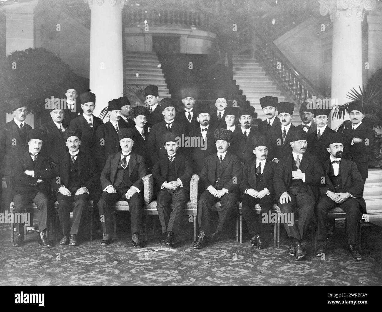 This is the delegation of Turks which was sent to Lausanne. It is a fiar i.e., fair(?) type of the men who are governing Turkey to-day. Ismet Pasha in the center, 1923, İnönü, İsmet, 1884-1973, Group portraits, 1920-1930., Portrait photographs, 1920-1930, Group portraits, 1920-1930, 1 photographic print Stock Photo