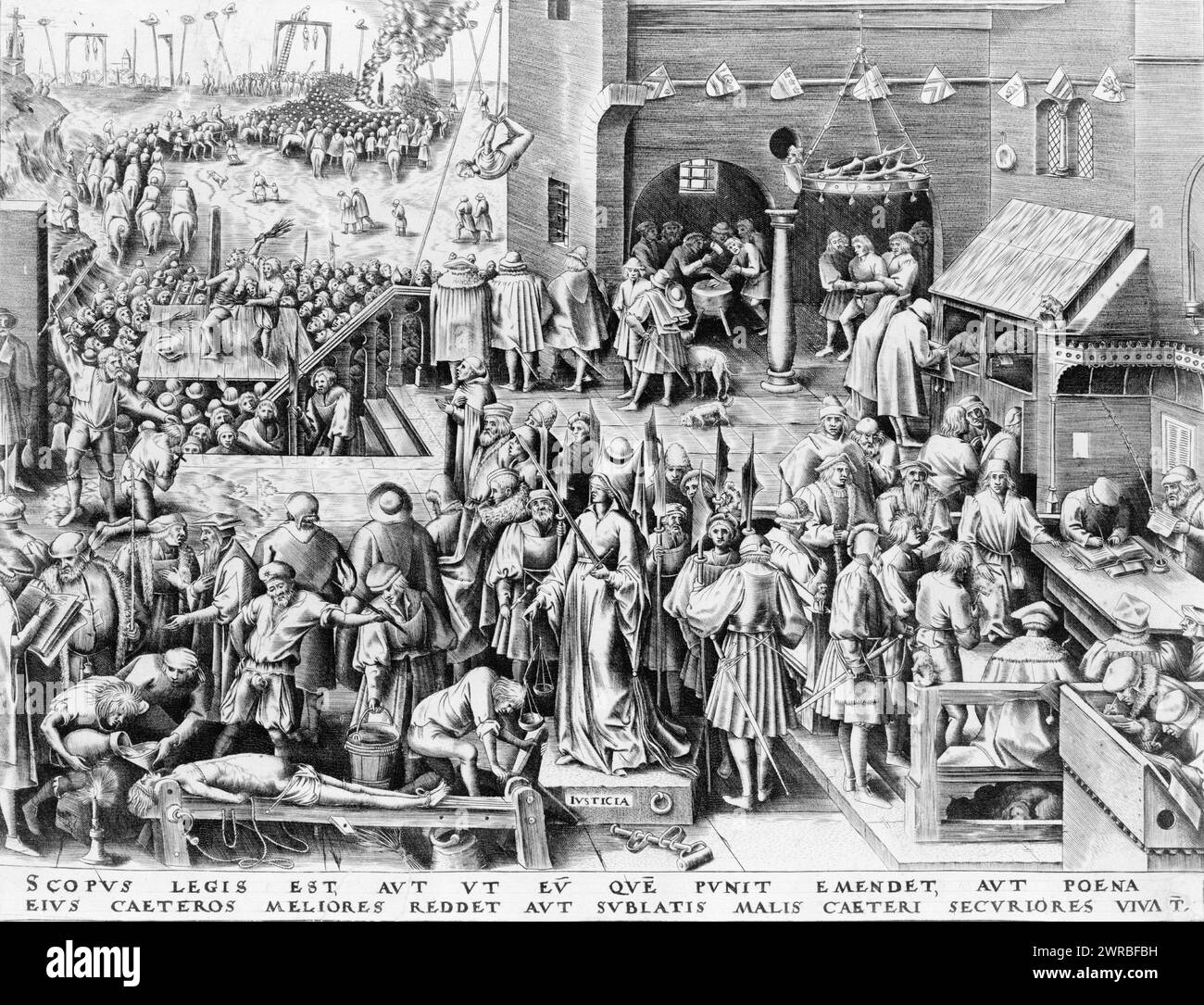 Justicia, Justice stands blindfolded as people around her are being tortured., Bruegel, Pieter, approximately 1525-1569, artist, 1559?, Justice, 1550-1560, Engravings, 1550-1560., Engravings, 1550-1560, 1 print: engraving Stock Photo