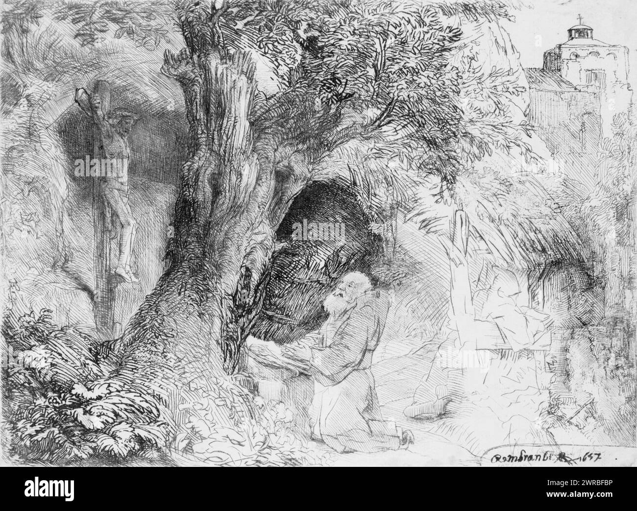 St. Francis beneath a tree, praying, Rembrandt., Christ on cross behind tree., Rembrandt Harmenszoon van Rijn, 1606-1669, artist, 1657., Francis, of Assisi, Saint, 1182-1226, Intaglio prints, 1650-1660., Intaglio prints, 1650-1660, 1 print: etching and drypoint Stock Photo