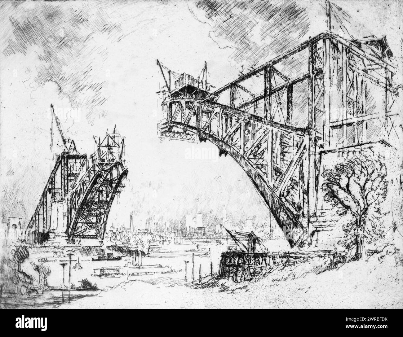 The Bridge at Hell Gate, J. Pennell., Pennell, Joseph, 1857-1926, artist, 1915, Hell Gate Bridge (New York, N.Y.), 1910-1920, Etchings, 1910-1920., Etchings, 1910-1920, 1 print: etching, 21.1 x 27.5 cm Stock Photo