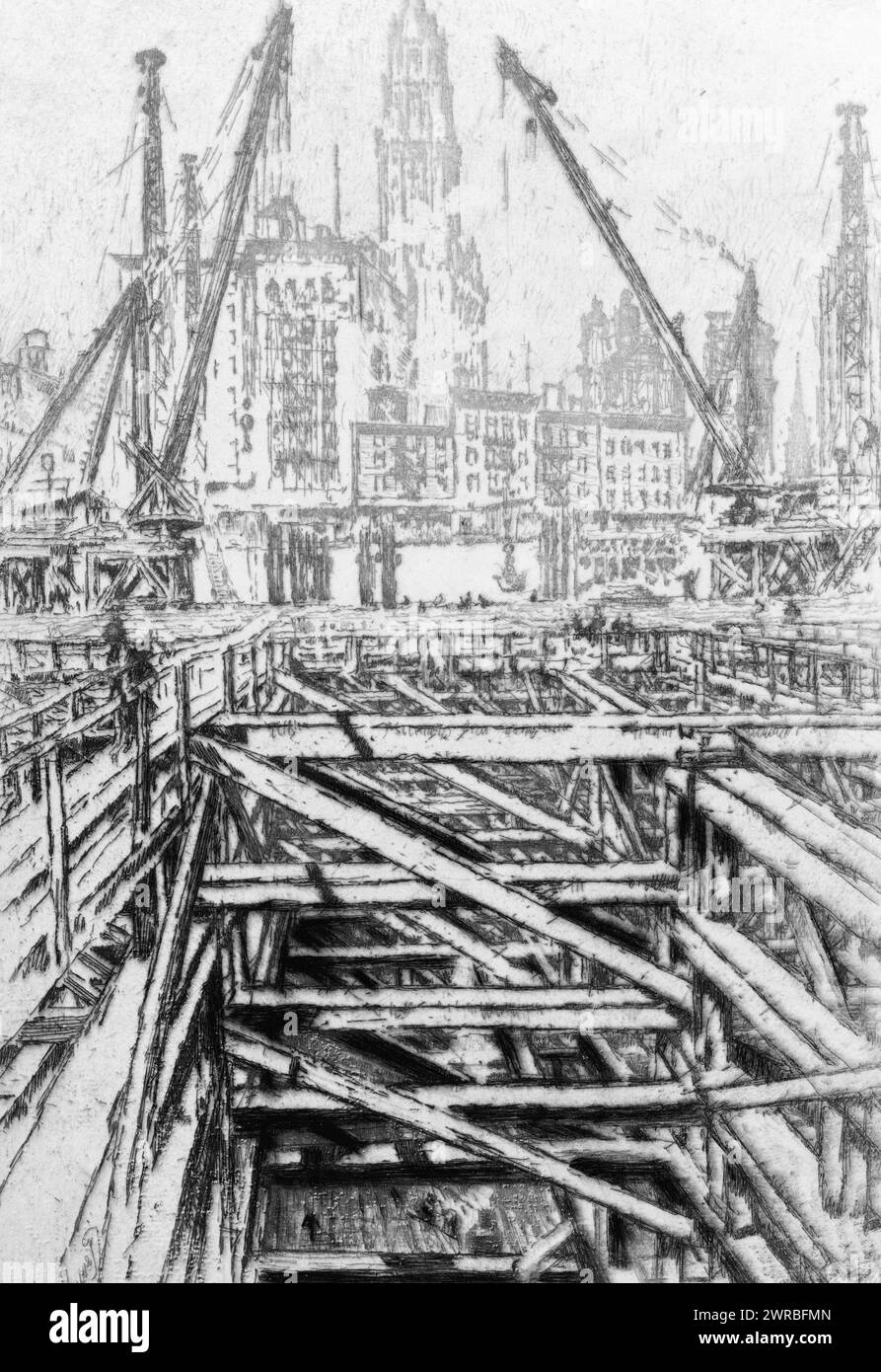 The telephone and telegraph foundation, J. Pennell., Trial proof before drypoint lines on lower part of plate added., Pennell, Joseph, 1857-1926, artist, 1924., Building construction, 1920-1930, Etchings, 1920-1930., Etchings, 1920-1930, 1 print: etching Stock Photo