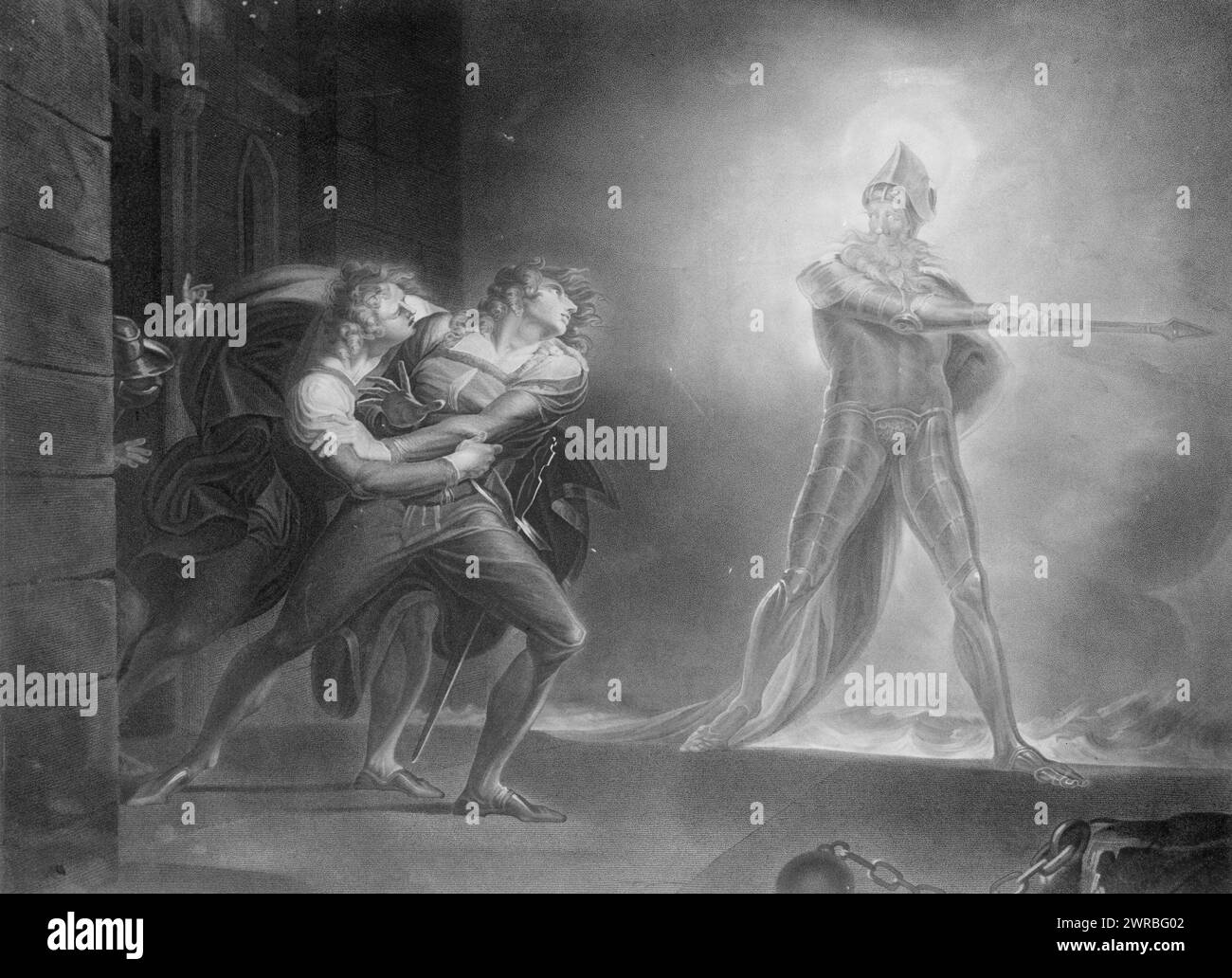 Shakespeare, Hamlet, Prince of Denmark, painted by H. Fuseli R.A., engraved by R. Thew., Act 1, scene 4, from Shakespeare's Hamlet, Prince of Denmark, showing Hamlet, Horatio, Marcellus, and the Ghost, on platform before the Palace of Elsinor., Thew, Robert, 1758-1802, artist, London: published by J. & J. Boydell, 1796., Shakespeare, William, 1564-1616., Hamlet, Engravings, 1790-1800., Engravings, 1790-1800, 1 print: engraving Stock Photo