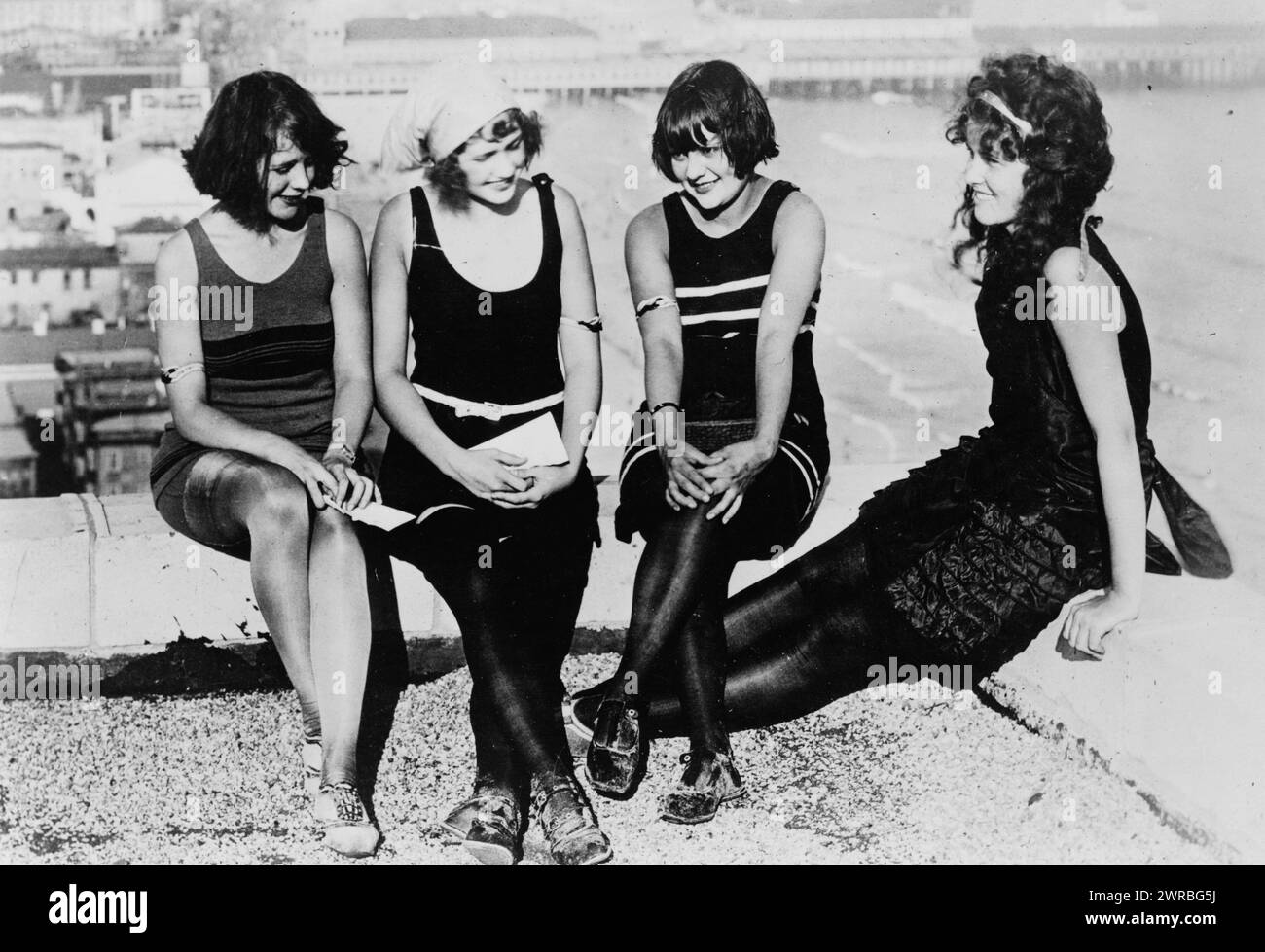 Bathing beaches - New York beauties at Atlantic City carnival, Four young women wearing bathing suits., 1922 Sept. 8., Bathing beauties, 1920-1930, Group portraits, 1920-1930., Portrait photographs, 1920-1930, Group portraits, 1920-1930, 1 photographic print Stock Photo