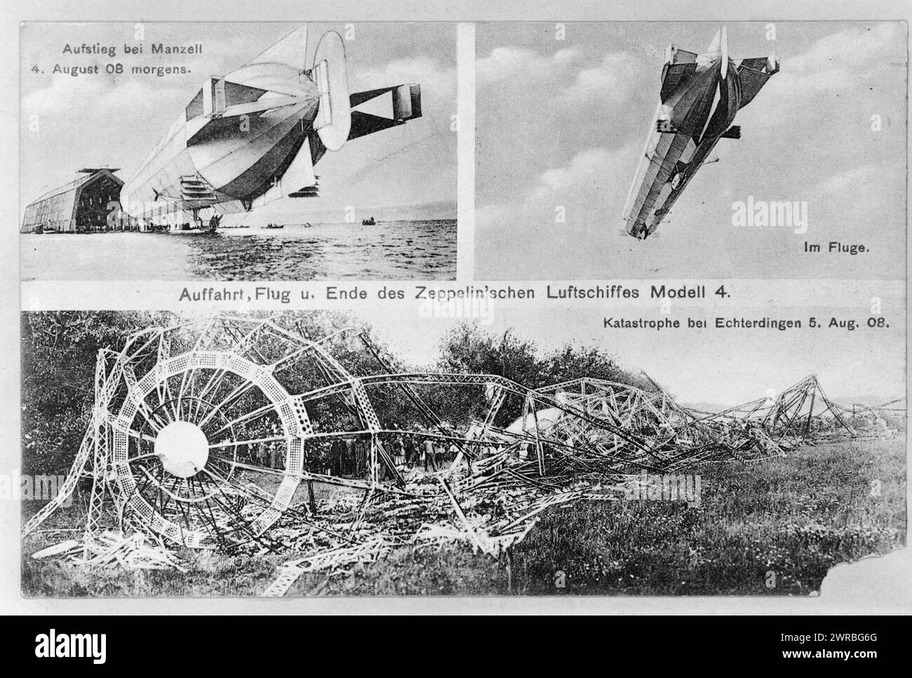 Auffahrt, Flug u. Ende des Zeppelin'schen Luftschiffes Modell 4, Three illustrations showing the fourth model zeppelin taking off at Manzell, on the morning of Aug. 4, and in flight; and wreck in Echterdingen, Germany., 1908., Airships, German, Germany, Echterdingen, 1900-1910, Photomechanical prints, 1900-1910., Photomechanical prints, 1900-1910, 1 photomechanical print Stock Photo