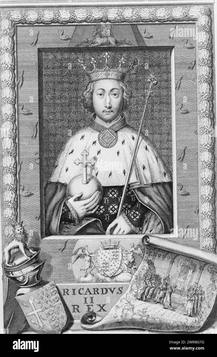 Richardus II Rex, desig. et sculp. G. Vertue., Richard II, King of England, half-length portrait, facing front, holding orb and scepter, with arms, ornaments and vignette of court scene below., Vertue, George, 1684-1756, engraver, London: 1732, Richard, II, King of England, 1367-1400, Engravings, 1730-1740., Portrait prints, 1730-1740, Engravings, 1730-1740, 1 print: engraving Stock Photo