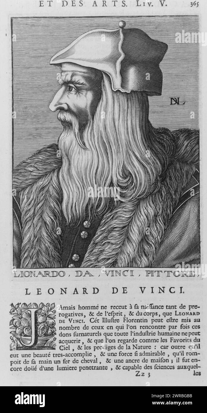 Leonard De Vinci Lionardo Da Vinci, pittore, NDL (monogram)., Leonardo da Vinci, head-and-shoulders portrait, facing left, wearing coat trimmed with fur and hat., Larmessin, Nicolas de, artist, 1695, Leonardo, da Vinci, 1452-1519, Book illustrations, 1690-1700., Portrait prints, 1690-1700, Book illustrations, 1690-1700, 1 print: engraving Stock Photo