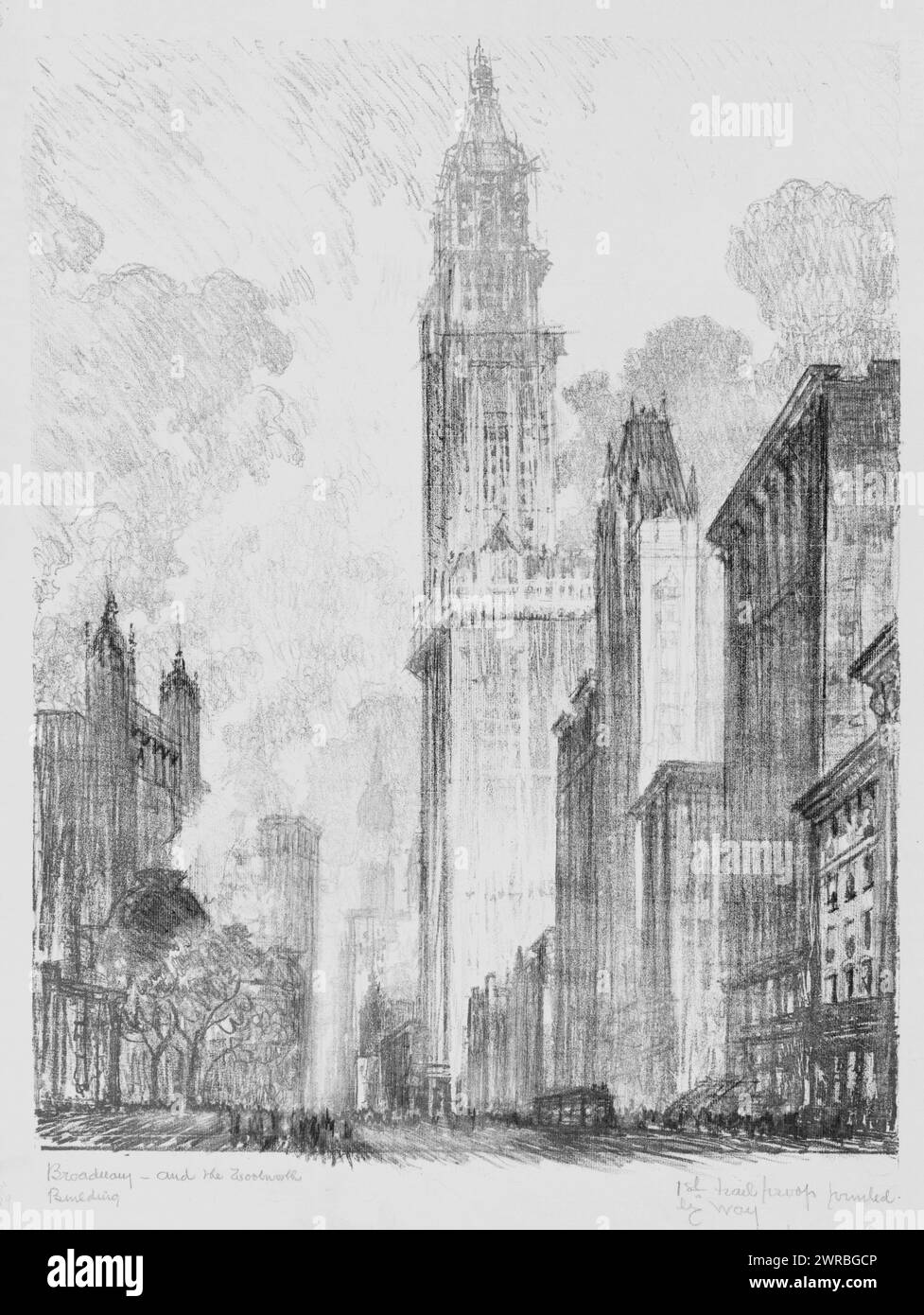 Broadway and the Woolworth Building, J. Pennell., Buildings, including the Woolworth Building under construction, along Broadway., Pennell, Joseph, 1857-1926, artist, 1912., Woolworth Building (New York, N.Y.), 1910-1920, Lithographs, 1910-1920., Lithographs, 1910-1920, 1 print: lithograph Stock Photo