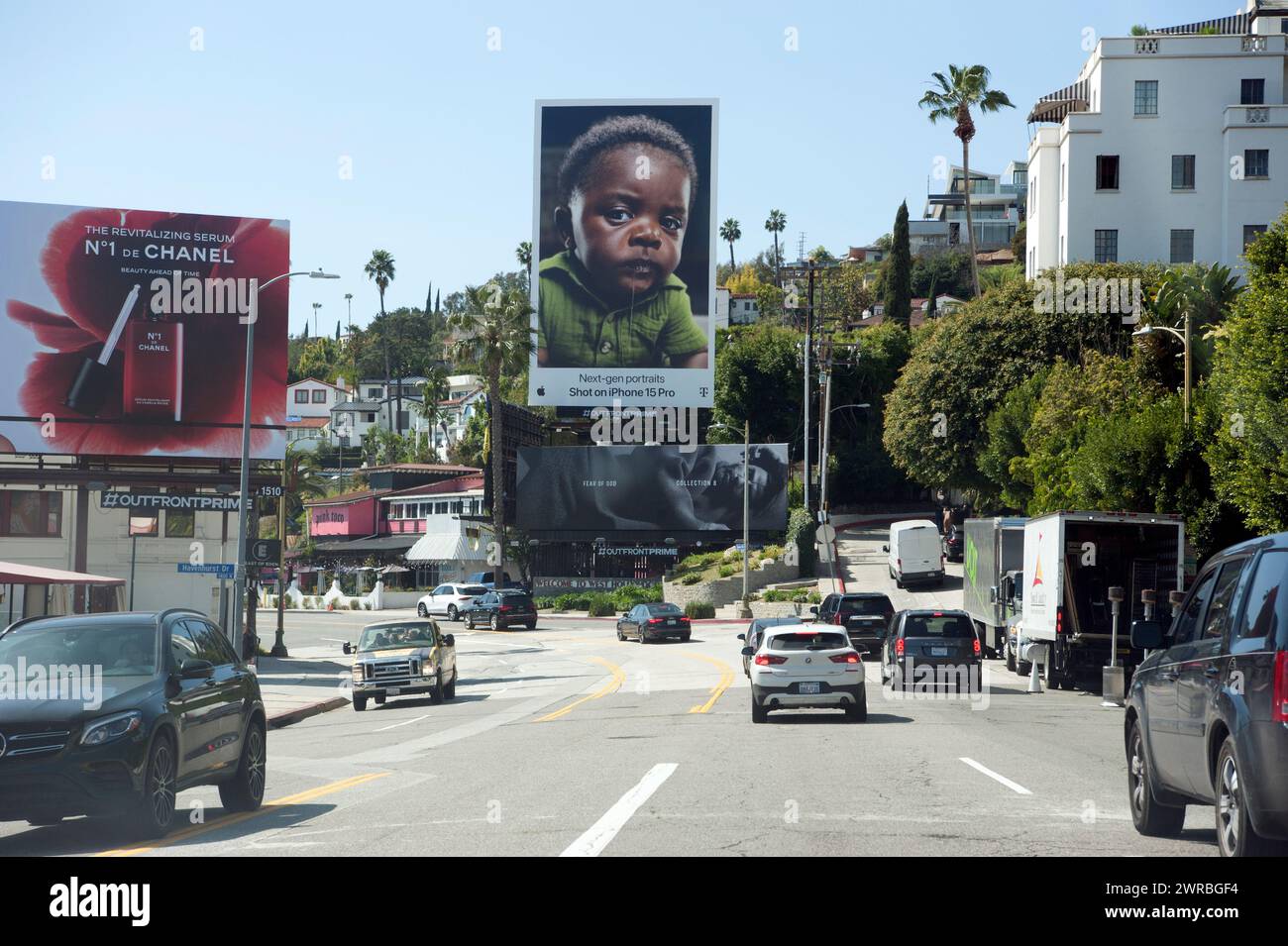 Billboards on the Sunset Strip, including IPhone advertisement, Los Angeles, California, USA Stock Photo