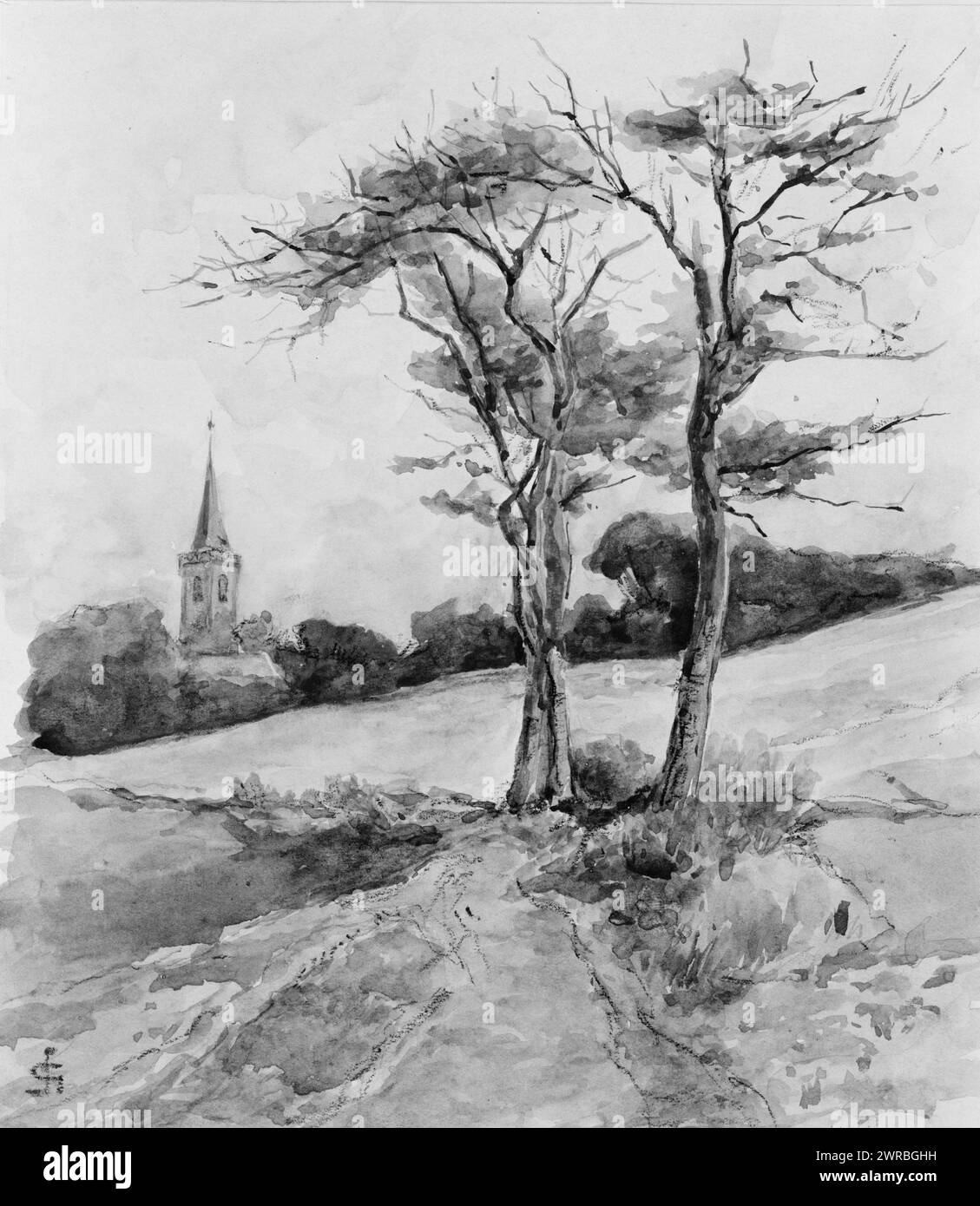 Church tower, Katwyk, Landscape with church tower in distance., Storm van 's-Gravesande, Carel Nicolaas, 1841-1924, artist, between 1860 and 1915, Landscape drawings, 1860-1920., Landscape drawings, 1860-1920, Watercolors, 1860-1920, 1 drawing: watercolor, 24 x 21 cm Stock Photo