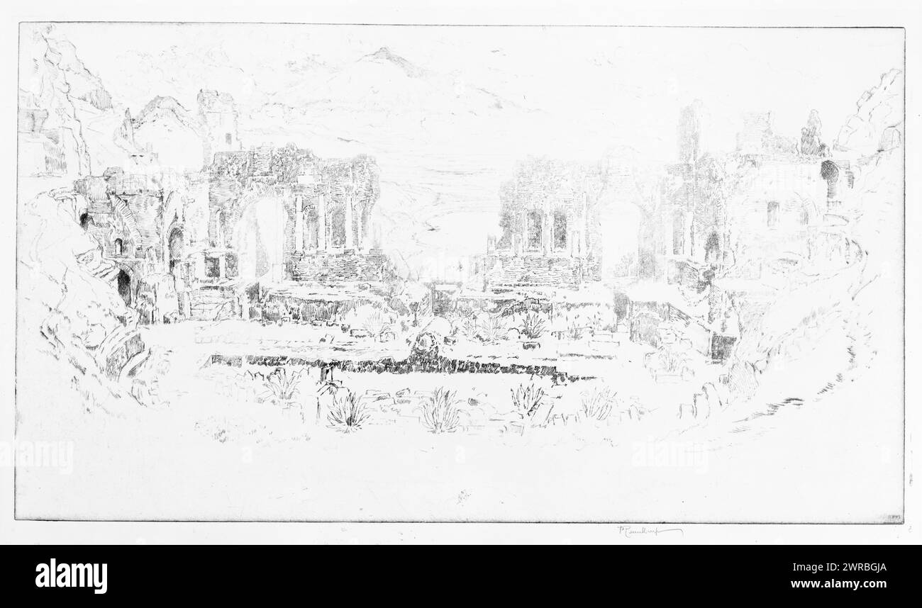 Scene at Taormina, View of Greek theatre in Taormina, Sicily., Pennell, Joseph, 1857-1926, artist, 1913, Ruins, Italy, Taormina, 1910-1920, Etchings, 1910-1920., Etchings, 1910-1920, 1 print: etching, 26.1 x 46.6 cm Stock Photo