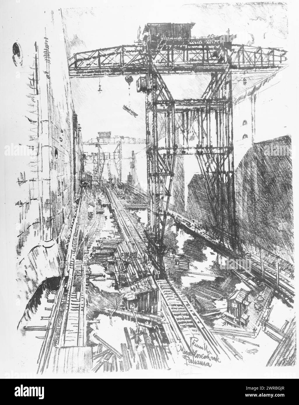 Great cranes in Miraflores Lock, Pennell, Joseph, 1857-1926, artist, 1912, Locks (Hydraulic engineering), Panama, Canal Zone, 1910-1920, Lithographs, 1910-1920., Lithographs, 1910-1920, 1 print: lithograph, 55.9 x 42.8 cm Stock Photo