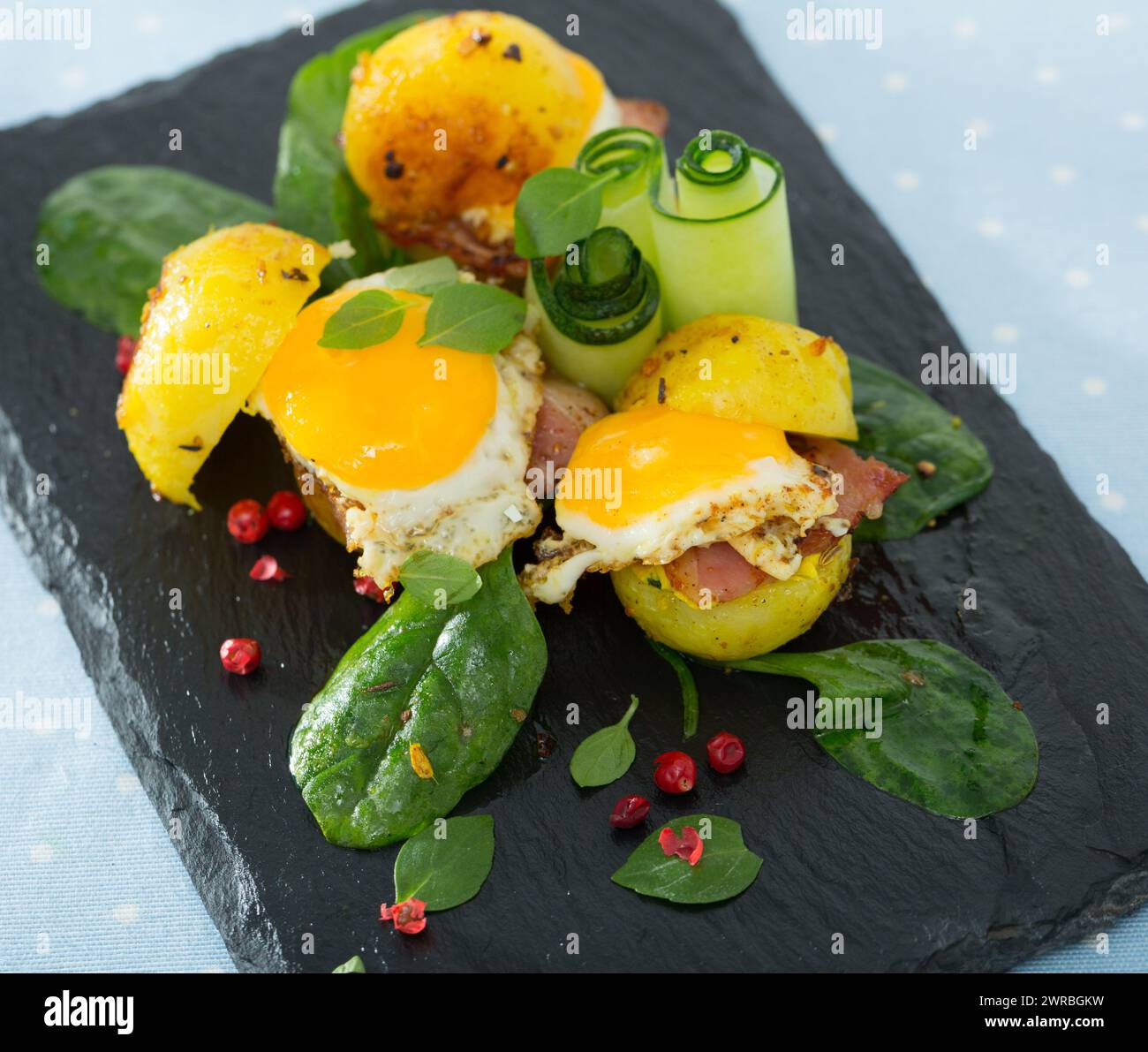 Potato burgers with quail egg Stock Photo