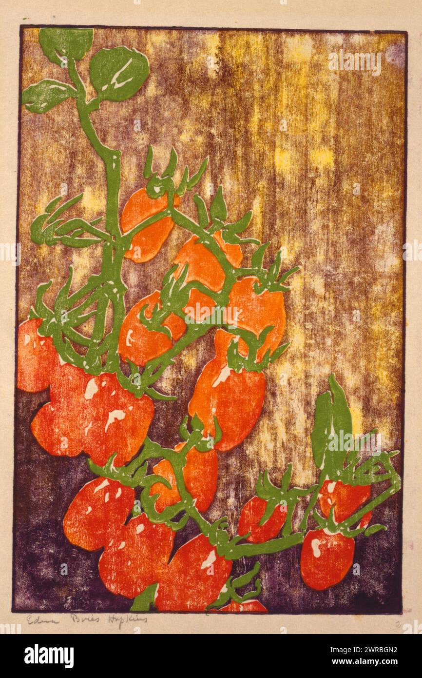 Love apples, Edna Boies Hopkins., Hopkins, Edna Boies, 1872-1937, artist, ca. 1915, Tomatoes, 1910-1920, Woodcuts, Color, 1910-1920., Woodcuts, Color, 1910-1920, 1 print: woodcut, color, 36.8 x 26.7 cm. (sheet Stock Photo