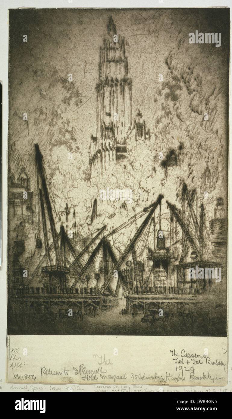 Caissons on Vesey Street, Building construction in New York City., Pennell, Joseph, 1857-1926, artist, 1924., Building construction, New York (State), New York, 1920-1930, Etchings, 1920-1930., Etchings, 1920-1930, 1 print: etching, 35.3 x 23.8 cm Stock Photo