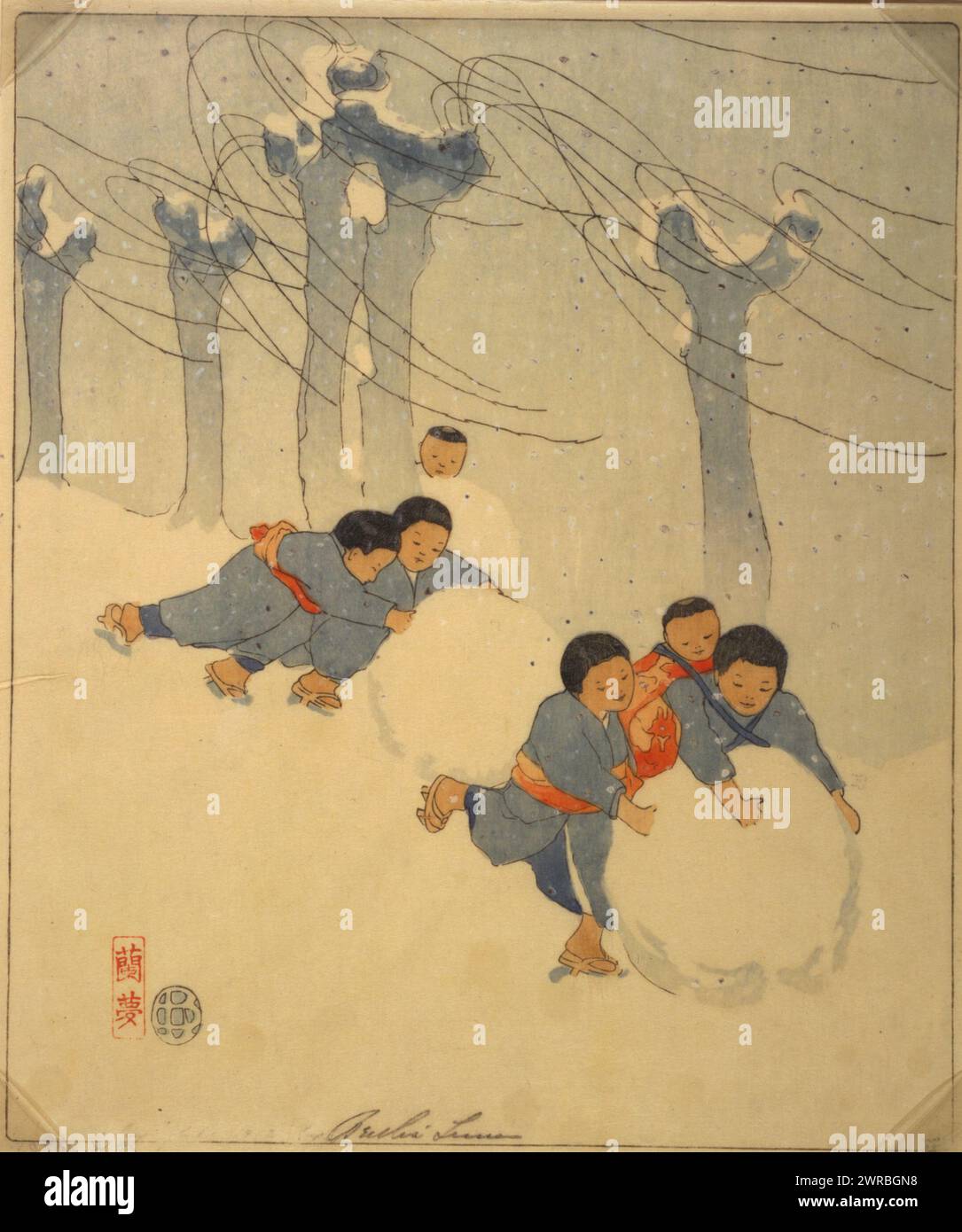 Snow balls, Bertha Lum., Japanese children rolling large snow balls., Lum, Bertha Boynton, 1869-1954, artist, c1913., Children playing, Japan, 1910-1920, Woodcuts, Color, 1910-1920., Woodcuts, Color, 1910-1920, 1 print: woodcut, color Stock Photo