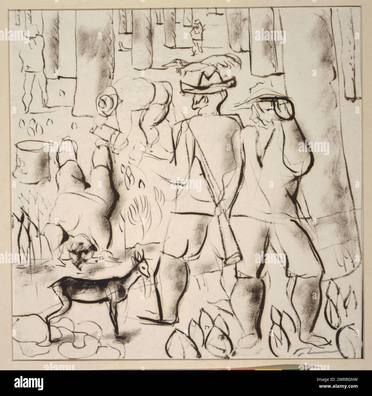 Study for 'Entry into the forest' mural, Drawing shows several men, one drinking from a stream, in a forest with a small deer., Portinari, Cândido, 1903-1962, artist, 1941, Men, 1940-1950, Ink drawings, Brazilian, 1940-1950., Ink drawings, Brazilian, 1940-1950, Studies (Visual works), 1940-1950, 1 drawing: ink, pastel, 28.8 x 28.7 cm Stock Photo
