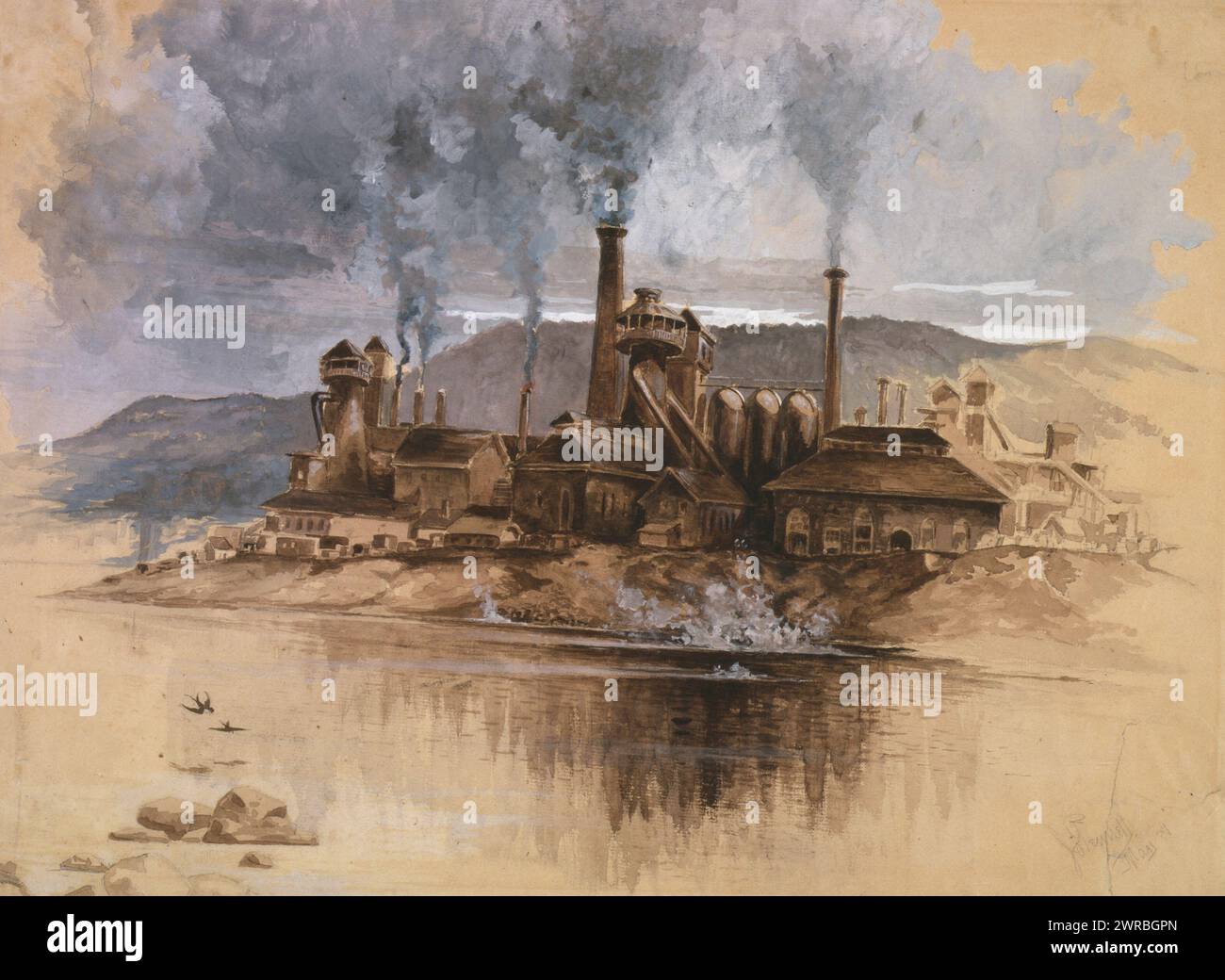 Bethlehem Steel Works, Pennsylvania, Bethlehem. As Wuerth described, 'Watercolor in sepia brown, white and gray, on buff paper. Signed May '81.' View across river to relatively small steel operation, various smokestacks, one blowing fire, smoky sky above, hills beyond., Pennell, Joseph, 1857-1926, artist, 1881 May., Bethlehem Iron Company, Buildings, 1880-1890, Drawings, Color, 1880-1890., Watercolors, 1880-1890, Drawings, Color, 1880-1890, 1 drawing on cream paper: watercolor, wash, gouache, sheet 35.3 x 47.8 cm Stock Photo