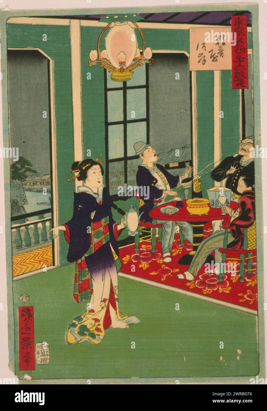 Tōkyō meishō sanjūroku gisen - sukiya ongishi, Japanese print shows a scene with foreigners seated around a dining table in a tea house., Japan: Yorozu Mago (Yorozuya Magobei), 1872., Foreign visitors, Japan, Tokyo, 1870-1880, Woodcuts, Japanese, Color, 1870-1880., Woodcuts, Japanese, Color, 1870-1880, 1 print on hōsho paper: woodcut, color, 33 x 22 cm. (block), 34 x 23.4 cm. (sheet Stock Photo