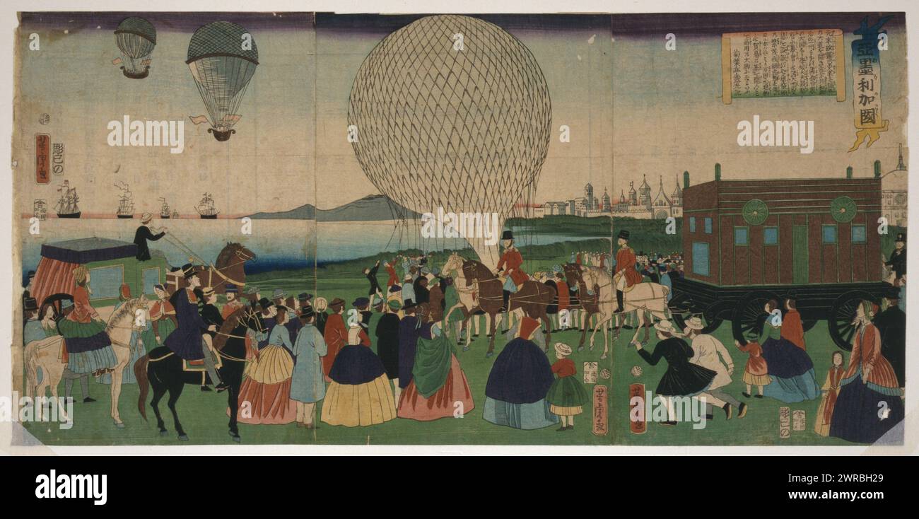 Amerikakoku, Japanese triptych print shows view in America of a crowd gathering to watch a balloon ascension., Utagawa, Yoshitora, active 1850-1870, artist, Japan: Kagaya Kichibei, 1865, Balloon ascensions, United States, 1860-1870, Triptychs, Japanese, 1860-1870., Triptychs, Japanese, 1860-1870, Woodcuts, Japanese, Color, 1860-1870, 1 print on hōsho paper (3 sheets): woodcut, color, 35.8 x 72.4 cm. (block), 35.8 x 73.2 cm. (sheet Stock Photo