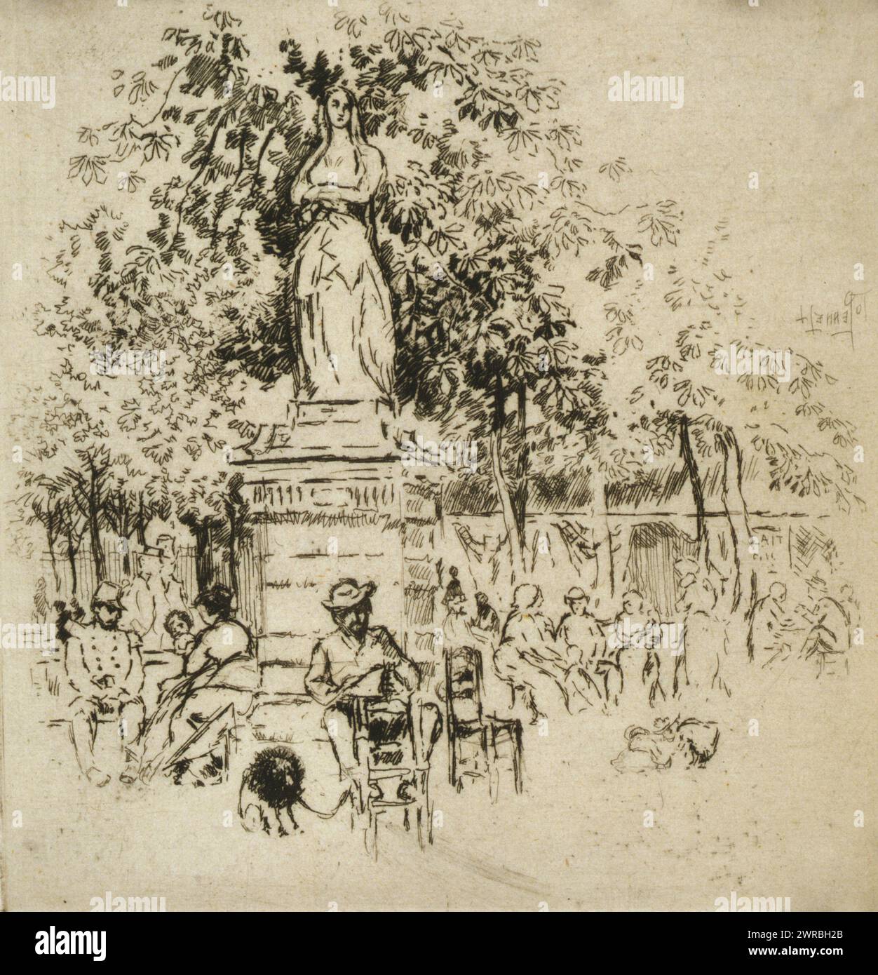 Luxembourg gardens, Jo. Pennell., Print shows a man seated before a statue in the Jardin du Luxembourg, Paris, France., Pennell, Joseph, 1857-1926, artist, 1893, Jardin du Luxembourg (Paris, France), 1890-1900, Etchings, 1890-1900., Proofs, 1890-1900, Etchings, 1890-1900, 1 print: etching Stock Photo
