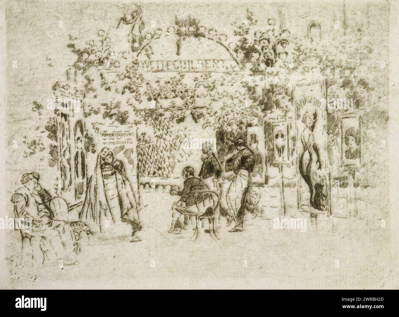 Café chantant, Print shows people seated at entrance to a cafe chantant in Paris, France., Pennell, Joseph, 1857-1926, artist, 1893, Cafes, France, Paris, 1890-1900, Etchings, 1890-1900., Etchings, 1890-1900, 1 print: etching Stock Photo