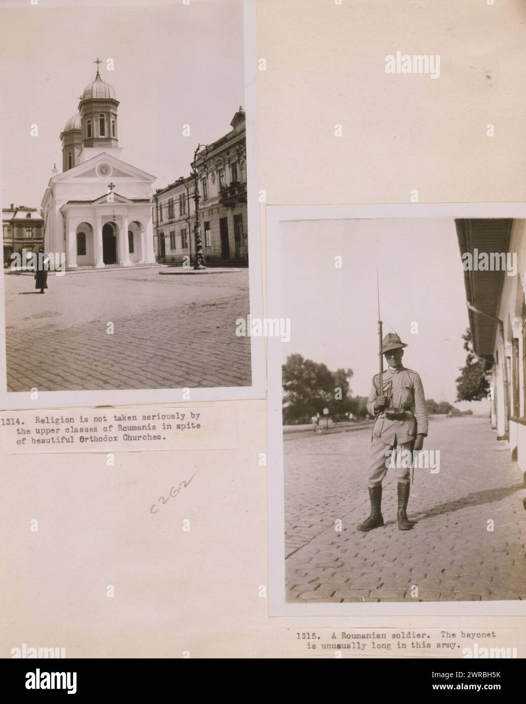 Religion is not taken seriously by the upper classes of Roumania in spite of beautiful Orthodox churches A Roumanian soldier. The bayonet is unusually long in this army., Photographs show scenes in Romania including an Orthodox church and a Romanian soldier., Carpenter, Frank G. (Frank George), 1855-1924, photographer, 1923., Orthodox churches, Romania, 1920-1930, Gelatin silver prints, 1920-1930., Portrait photographs, 1920-1930, Gelatin silver prints, 1920-1930, 2 photographic prints (1 page): gelatin silver Stock Photo