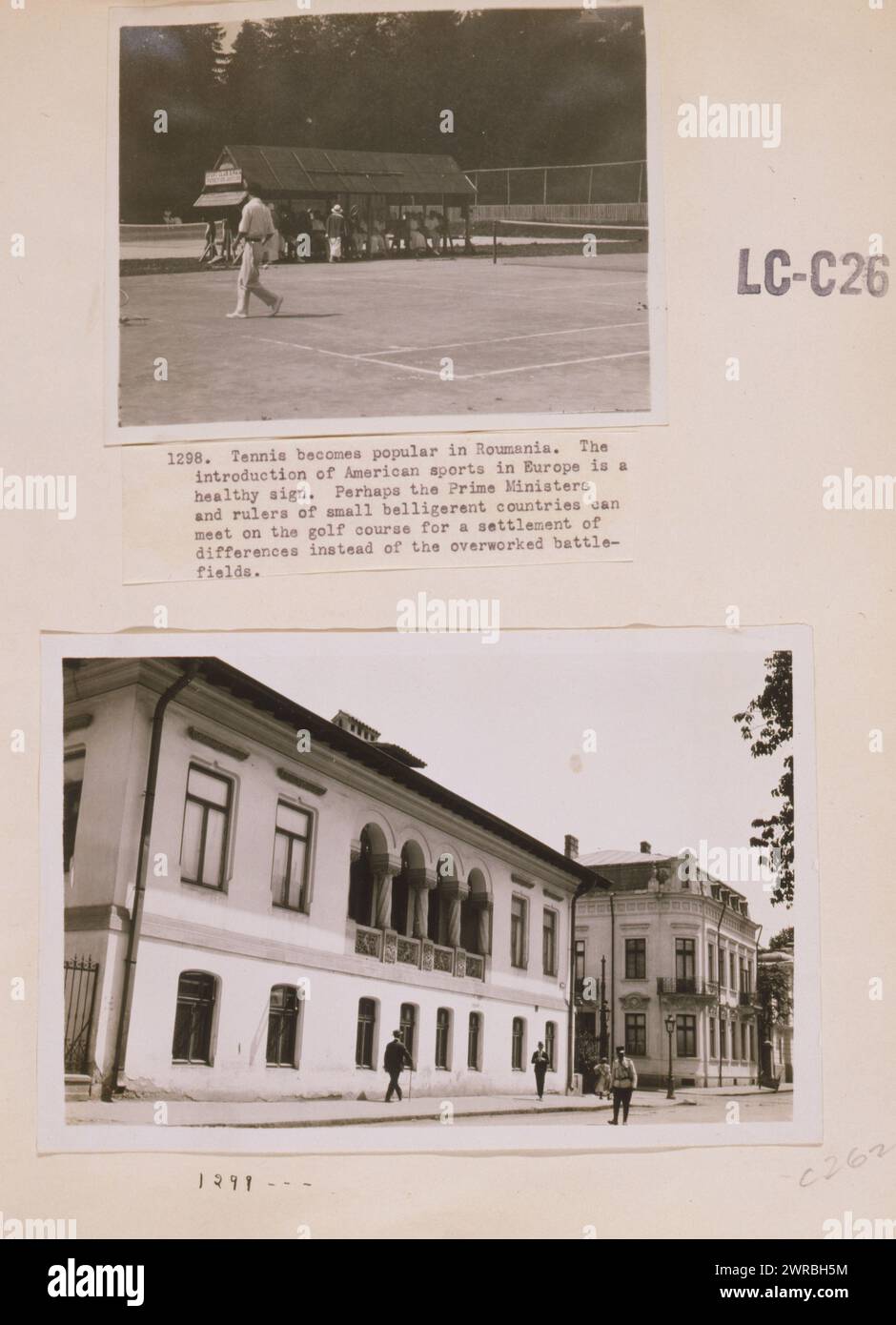 Tennis becomes popular in Roumania. The introduction of American sports in Europe is a healthy sign. Perhaps the prime ministers and rulers of small belligerent countries can meet on the golf course for a settlement of differences instead of the overworked battlefields Building on the street, Romania, Photographs show scenes in Romania including a man on a tennis court and an unidentified building in Romania., Carpenter, Frank G. (Frank George), 1855-1924, photographer, 1923., Tennis, Romania, 1920-1930, Gelatin silver prints, 1920-1930., Gelatin silver prints, 1920-1930 Stock Photo