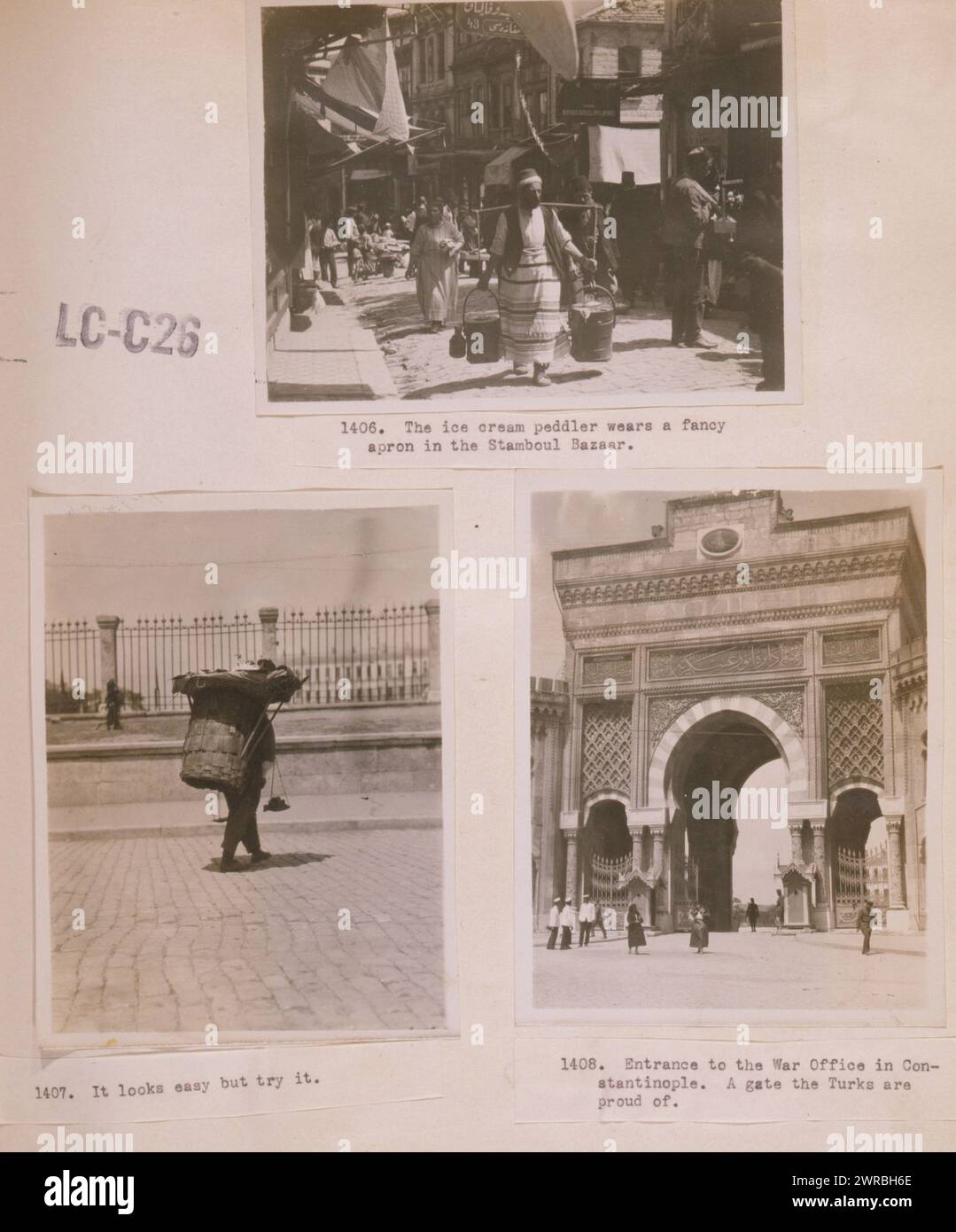 The ice cream peddler wears a fancy apron in the Stamboul Bazaar It looks easy but try it, Entrance to the War Office in Constantinople. A gate the Turks are proud of., Photographs show an ice cream vendor walking in the street in a market, a street vendor with a basket on his back, and a gate marking the entrance to the War Office, now part of Istanbul University, Istanbul, Turkey., Carpenter, Frank G. (Frank George), 1855-1924, photographer, 1923., Street vendors, Turkey, Istanbul, 1920-1930, Gelatin silver prints, 1920-1930., Gelatin silver prints, 1920-1930 Stock Photo