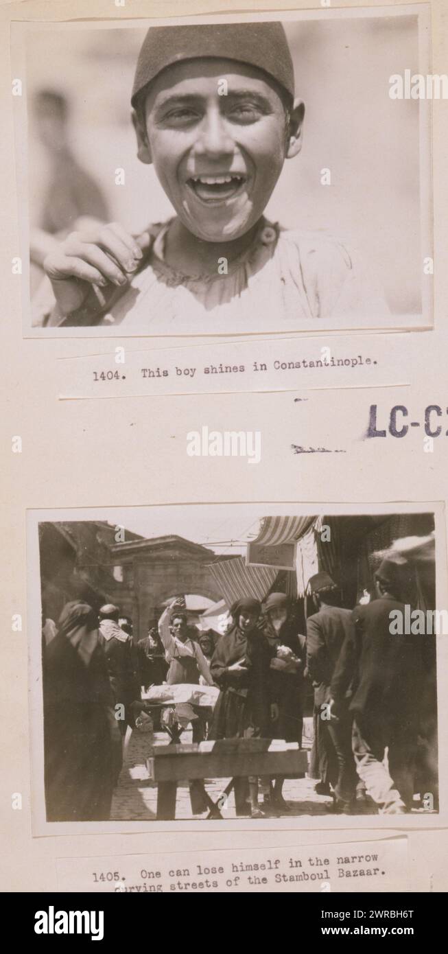 This boy shines in Constantinople One can lose himself in the narrow curving streets of the Stamboul bazaar., Photographs show a head-and-shoulders portrait of a shoeshine boy and people, including women in a crowded market, Istanbul, Turkey., Carpenter, Frank G. (Frank George), 1855-1924, photographer, 1923., Women, Clothing & dress, Turkey, Istanbul, 1920-1930, Gelatin silver prints, 1920-1930., Gelatin silver prints, 1920-1930, 2 photographic prints (1 page): gelatin silver Stock Photo