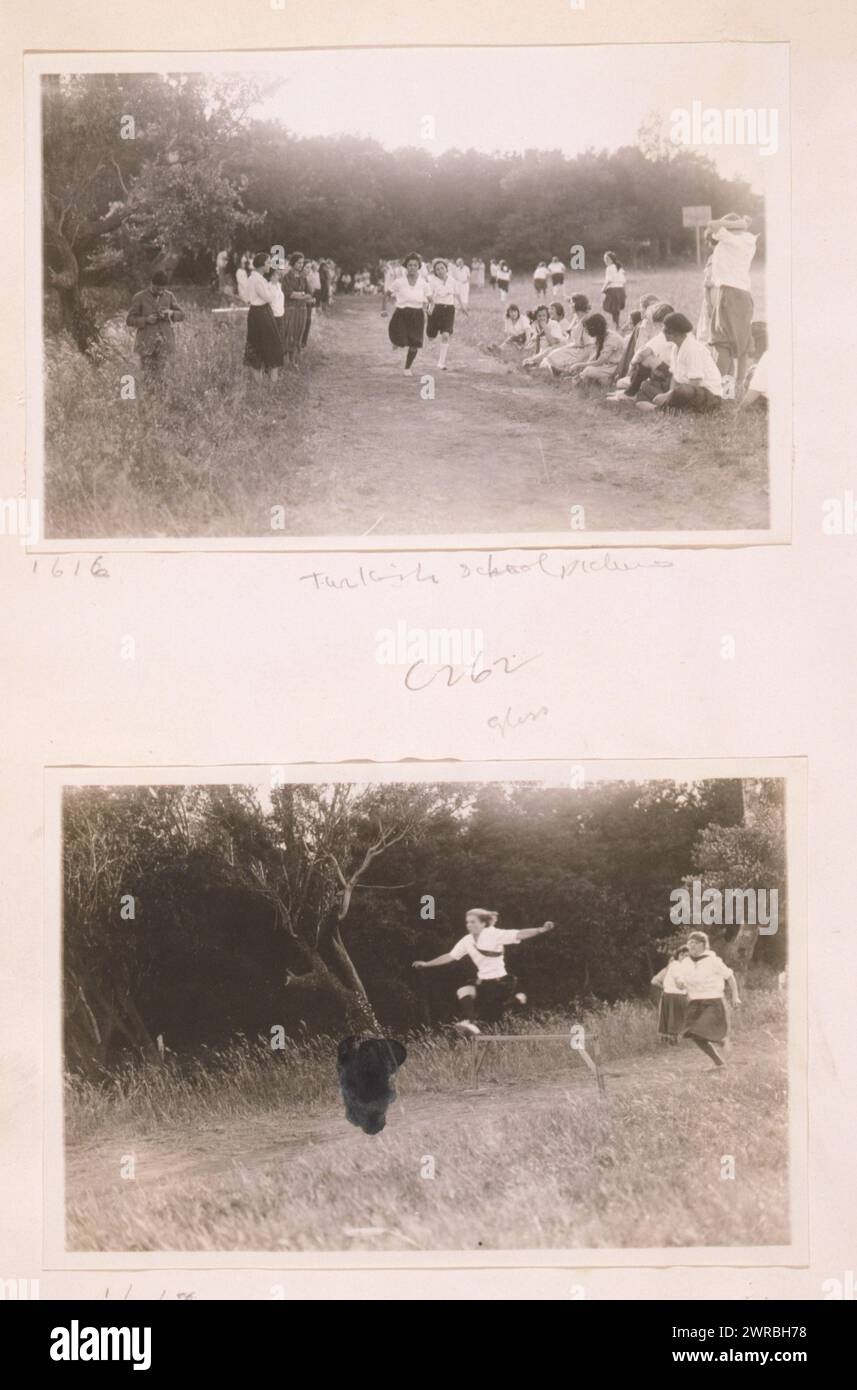 Turkish school pictures, Photographs show young women racing and jumping over a hurdle, probably in Istanbul, Turkey., Carpenter, Frank G. (Frank George), 1855-1924, photographer, 1923., Women, Clothing & dress, Turkey, Istanbul, 1920-1930, Gelatin silver prints, 1920-1930., Gelatin silver prints, 1920-1930, 2 photographic prints (1 page): gelatin silver Stock Photo