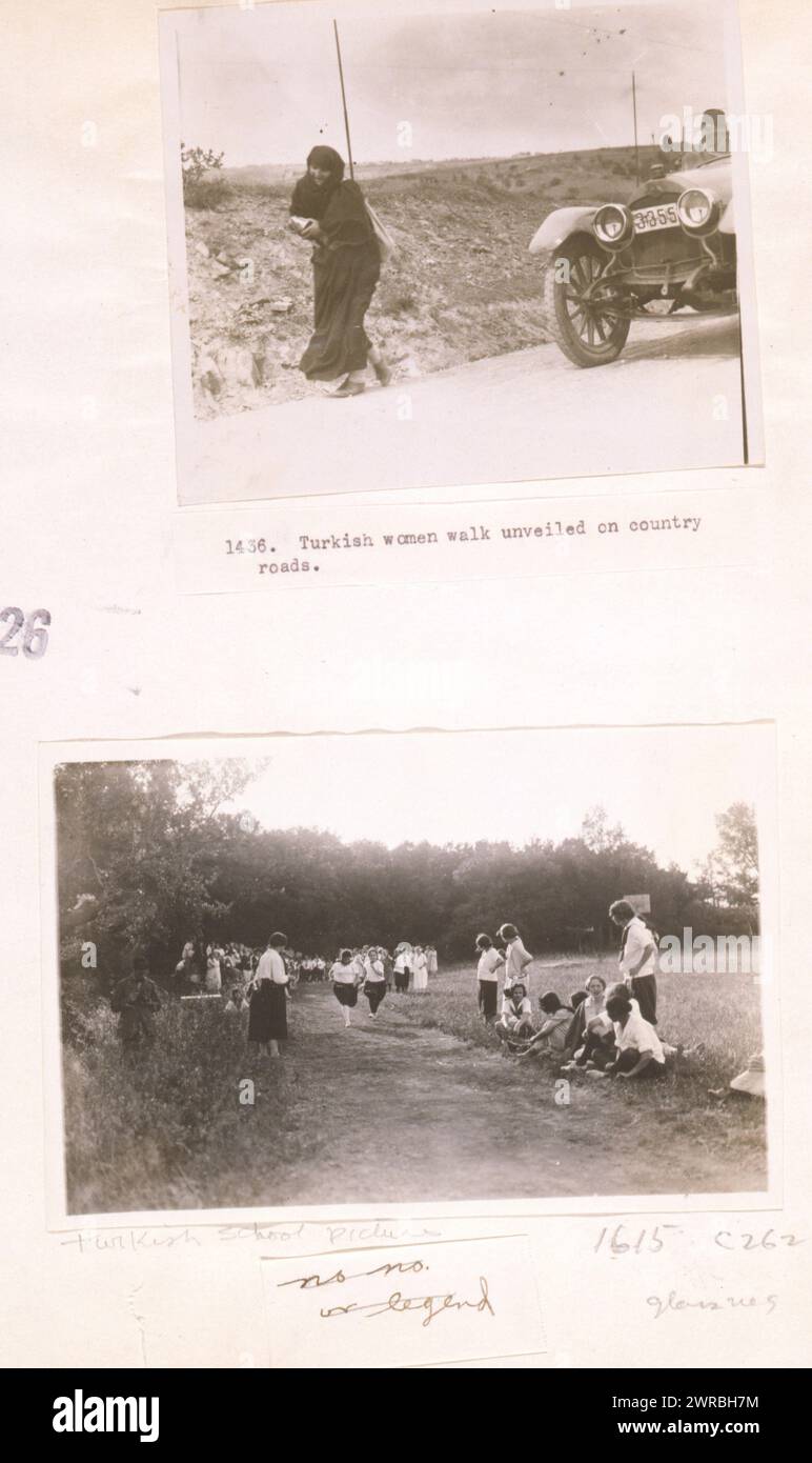 Turkish women walk unveiled on country roads Turkish school picture., Photographs show a young woman walking besides automobile and Turkish women students racing, Turkey., Carpenter, Frank G. (Frank George), 1855-1924, photographer, 1923., Women, Clothing & dress, Turkey, Istanbul, 1920-1930, Gelatin silver prints, 1920-1930., Gelatin silver prints, 1920-1930, 2 photographic prints (1 page): gelatin silver Stock Photo