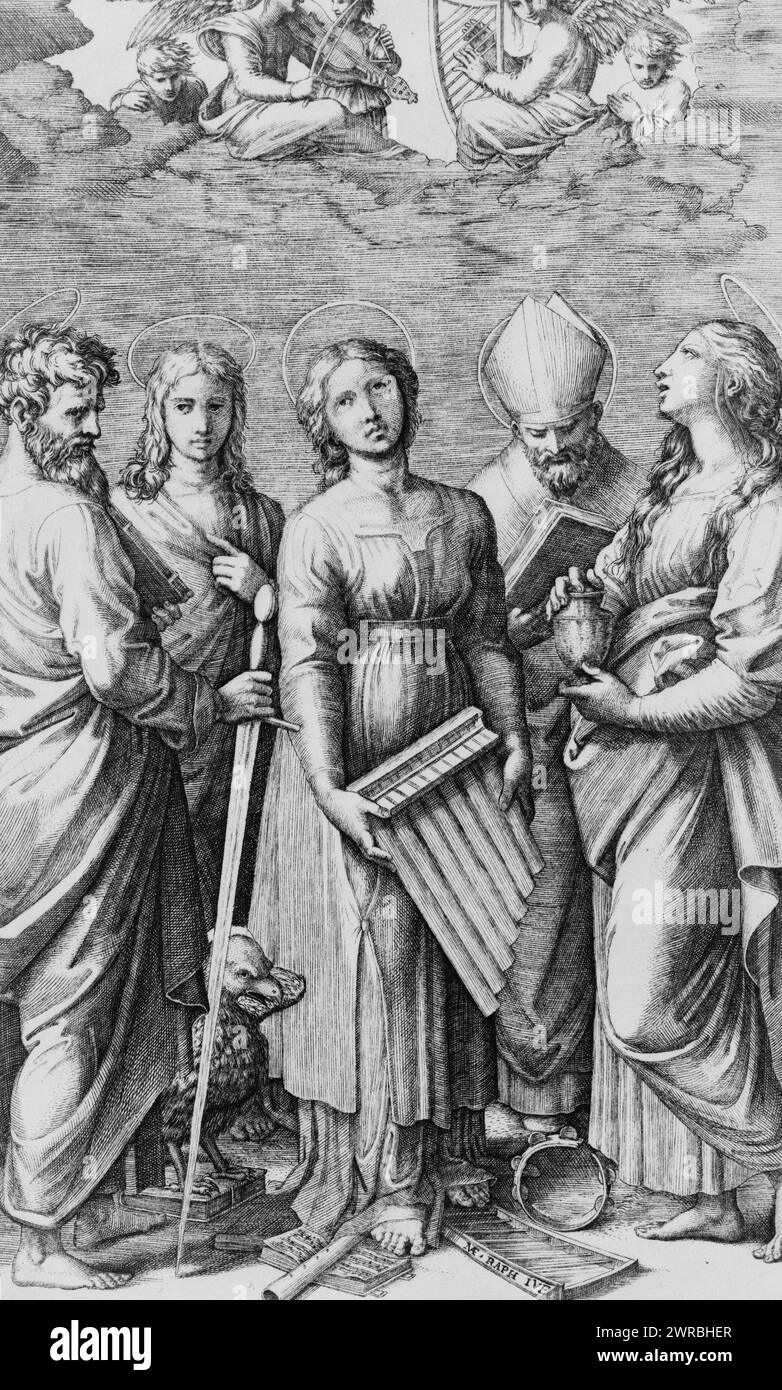 St. Cecilia surrounded by four saints, Raimondi, Marcantonio, approximately 1480-approximately 1534, artist, between 1500 and 1534, Cecilia, Saint, Engravings, 1500-1540., Engravings, 1500-1540, 1 print: engraving, 26 x 15.5 cm Stock Photo