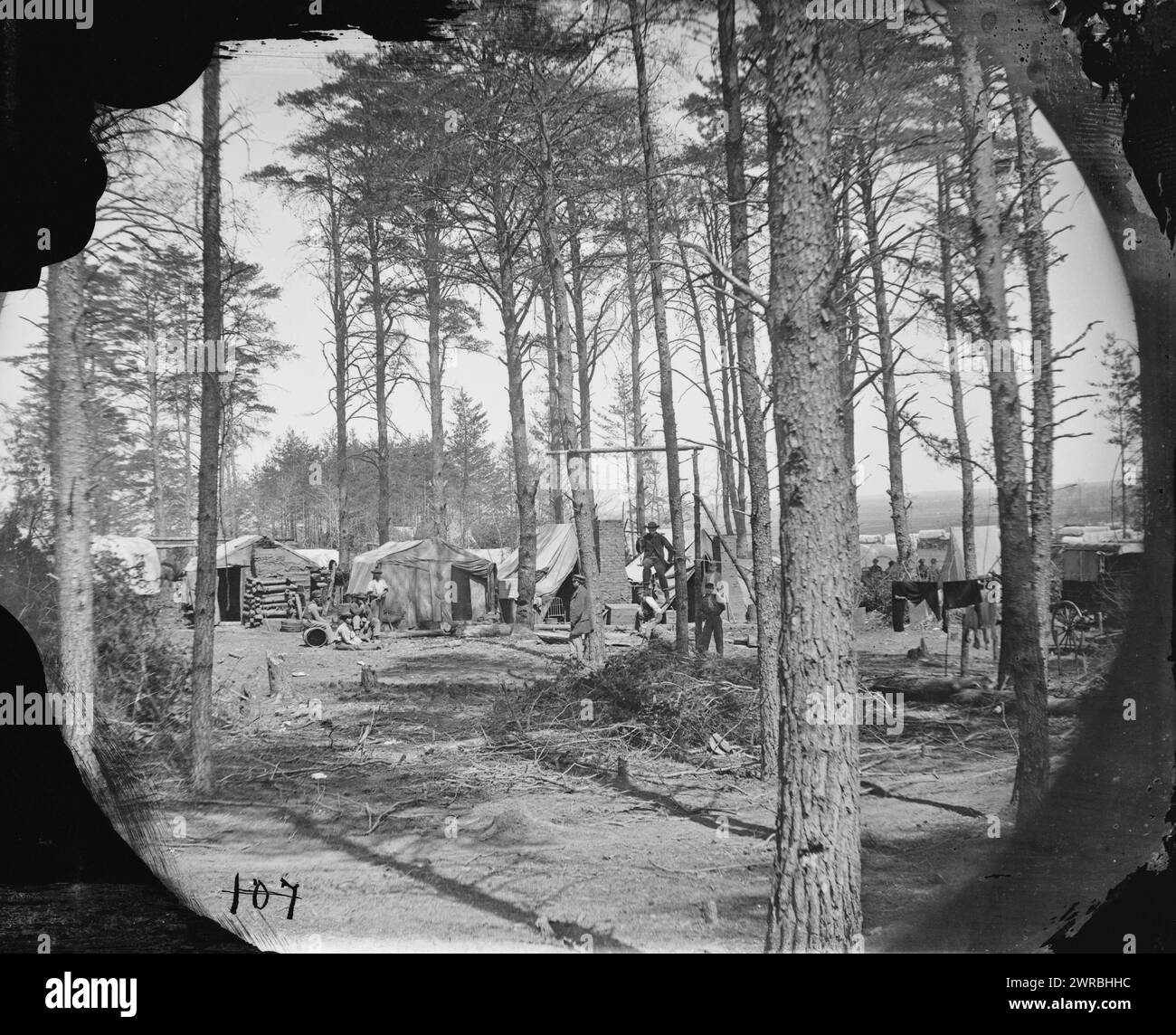 Brandy Station, Va. Winter quarters of telegraphers and photographers, Army of the Potomac headquarters, Photograph from the main eastern theater of war, winter quarters at Brandy Station, December 1863-April 1864., O'Sullivan, Timothy H., 1840-1882, photographer, 1864 April., United States, History, Civil War, 1861-1865, Communications, Glass negatives, 1860-1870, Stereographs, 1860-1870, 1 negative: glass, stereograph, wet collodion, 4 x 10 in Stock Photo
