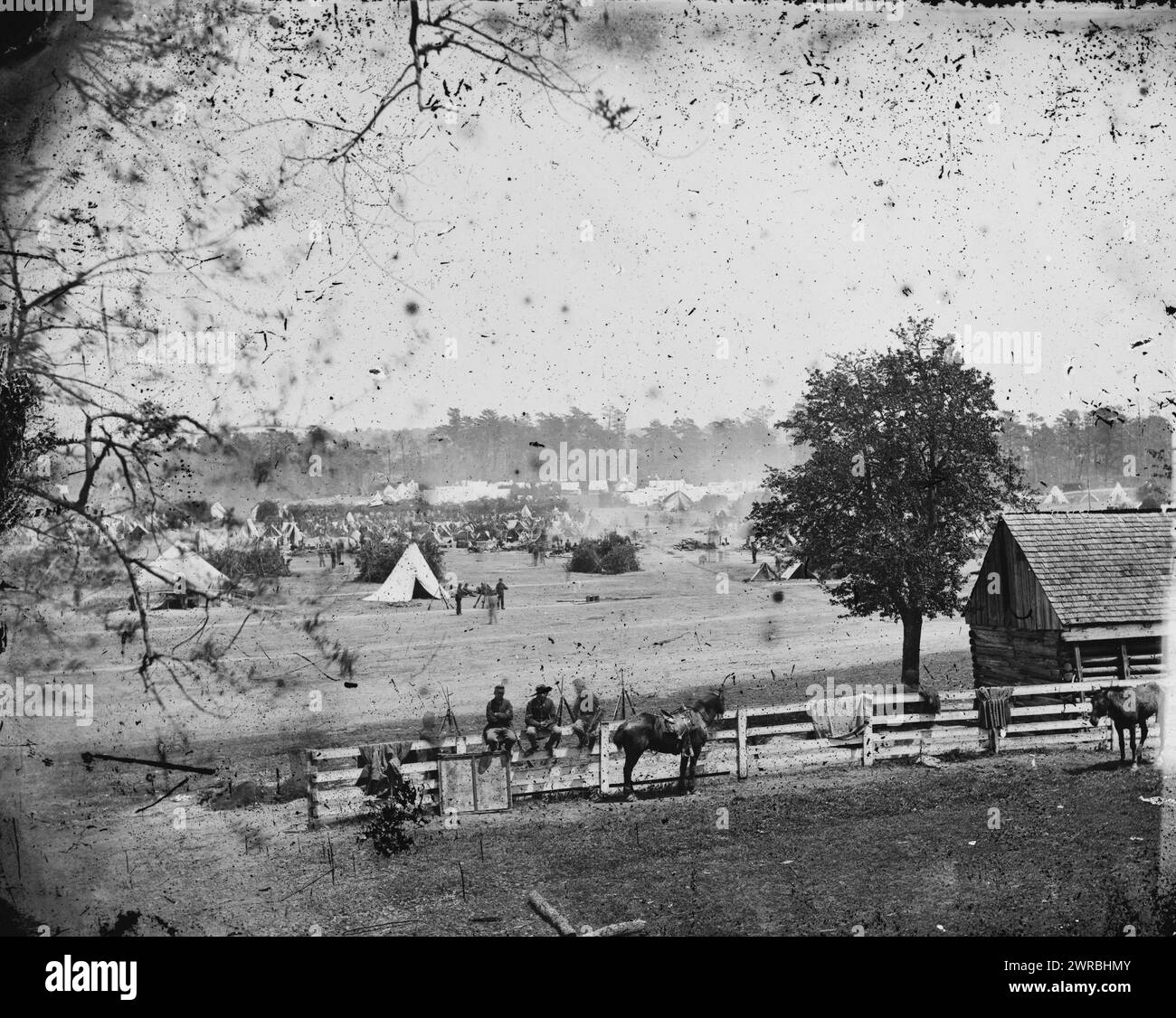 Yorktown, Virginia (vicinity). Headquarters of General George B. McClellan, Camp Winfield Scott, Gibson, James F., 1828-, photographer, 1862 May 7., United States, History, Civil War, 1861-1865, Glass negatives, 1860-1870, Stereographs, 1860-1870, 1 negative: glass, stereograph, wet collodion, 4 x 10 in Stock Photo