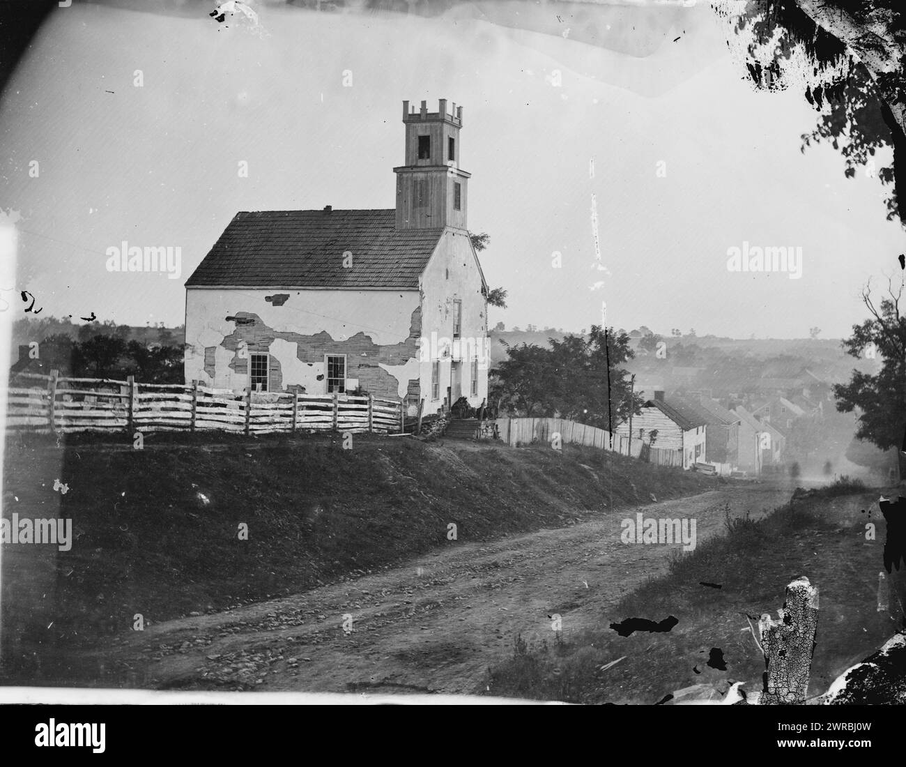 Sharpsburg, Md. Lutheran church, Photograph from the main eastern theater of the war, Battle of Antietam, September-October 1862., Gardner, Alexander, 1821-1882, photographer, 1862 September., United States, History, Civil War, 1861-1865, Glass negatives, 1860-1870, Stereographs, 1860-1870, 1 negative: glass, stereograph, wet collodion, 4 x 10 in Stock Photo