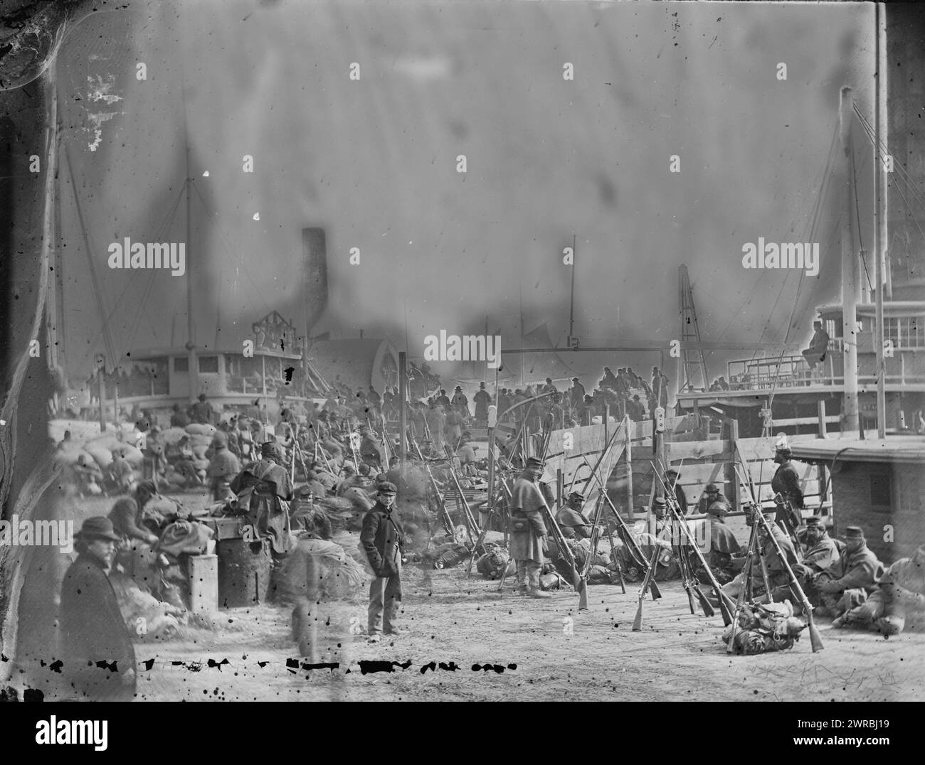 Aquia Creek Landing, Va. Embarkation of 9th Army Corps for Fort Monroe, Photograph from the main eastern theater of war, Burnside and Hooker, November 1862-April 1863., Gardner, Alexander, 1821-1882, photographer, 1863 February., United States, History, Civil War, 1861-1865, Equipment and supplies, Glass negatives, 1860-1870, Stereographs, 1860-1870, 1 negative: glass, stereograph, wet collodion, 4 x 10 in Stock Photo